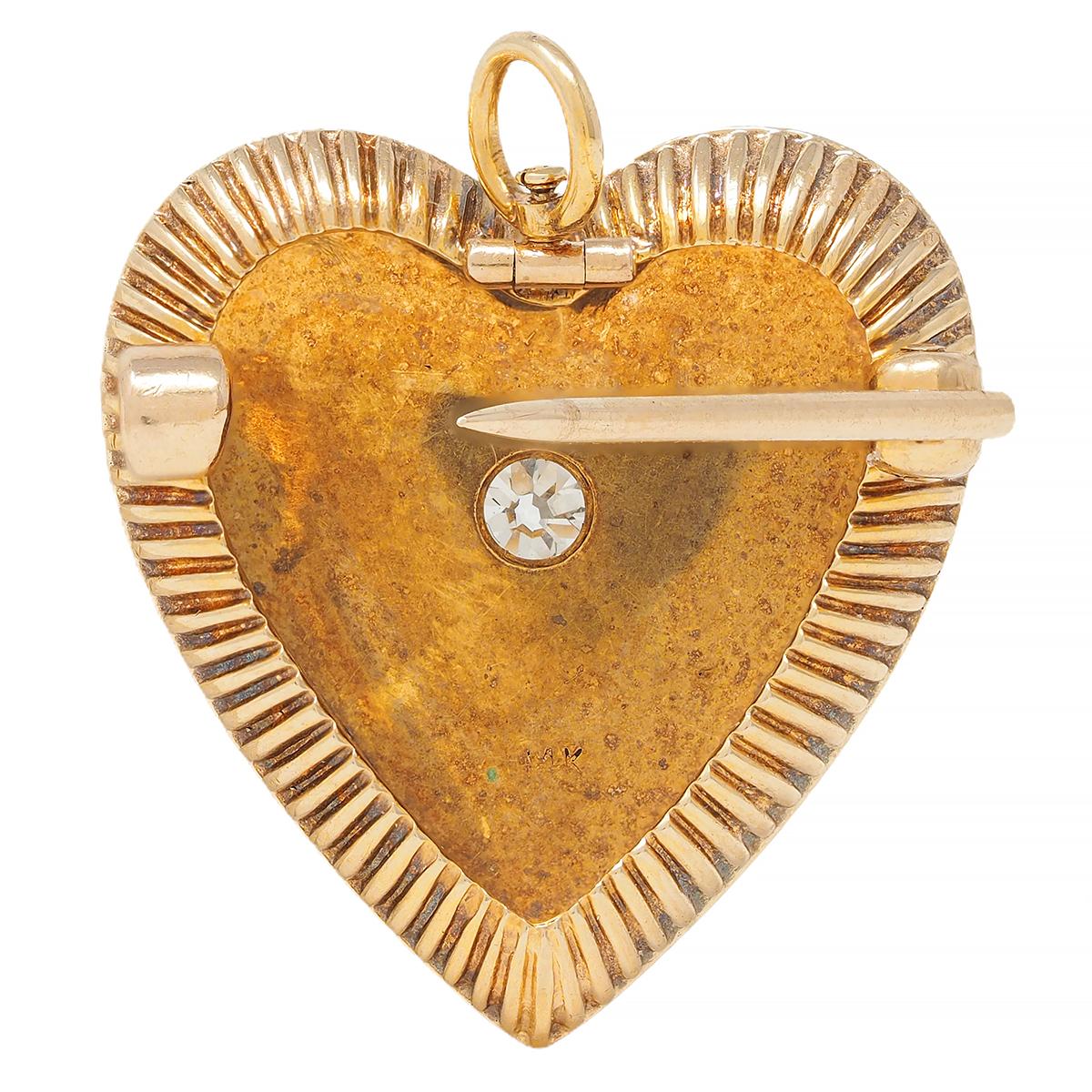 Victorian Diamond Pearl 14 Karat Yellow Gold Antique Heart Pendant Brooch - Image 6
