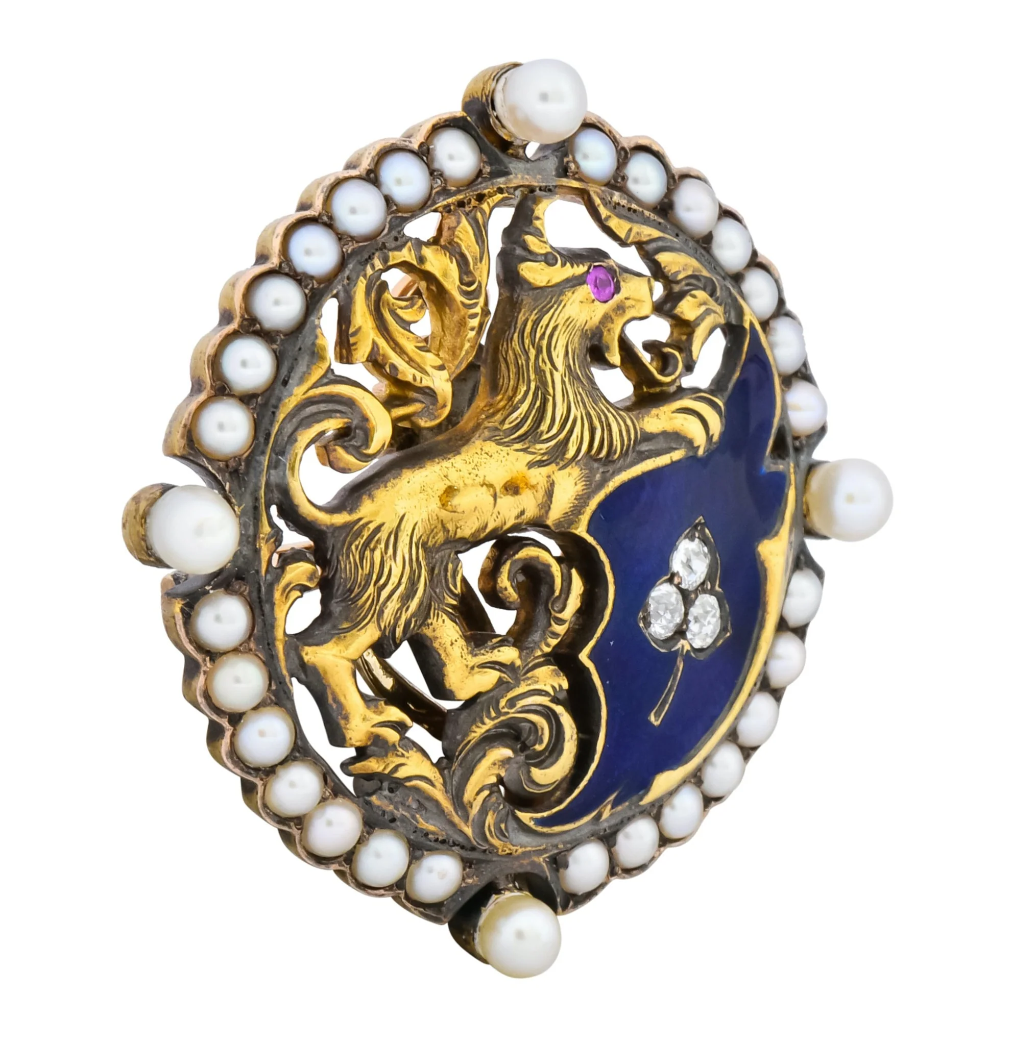 Victorian Diamond Pearl Ruby Enamel Stylized Lion Pendant Pin - Image 3