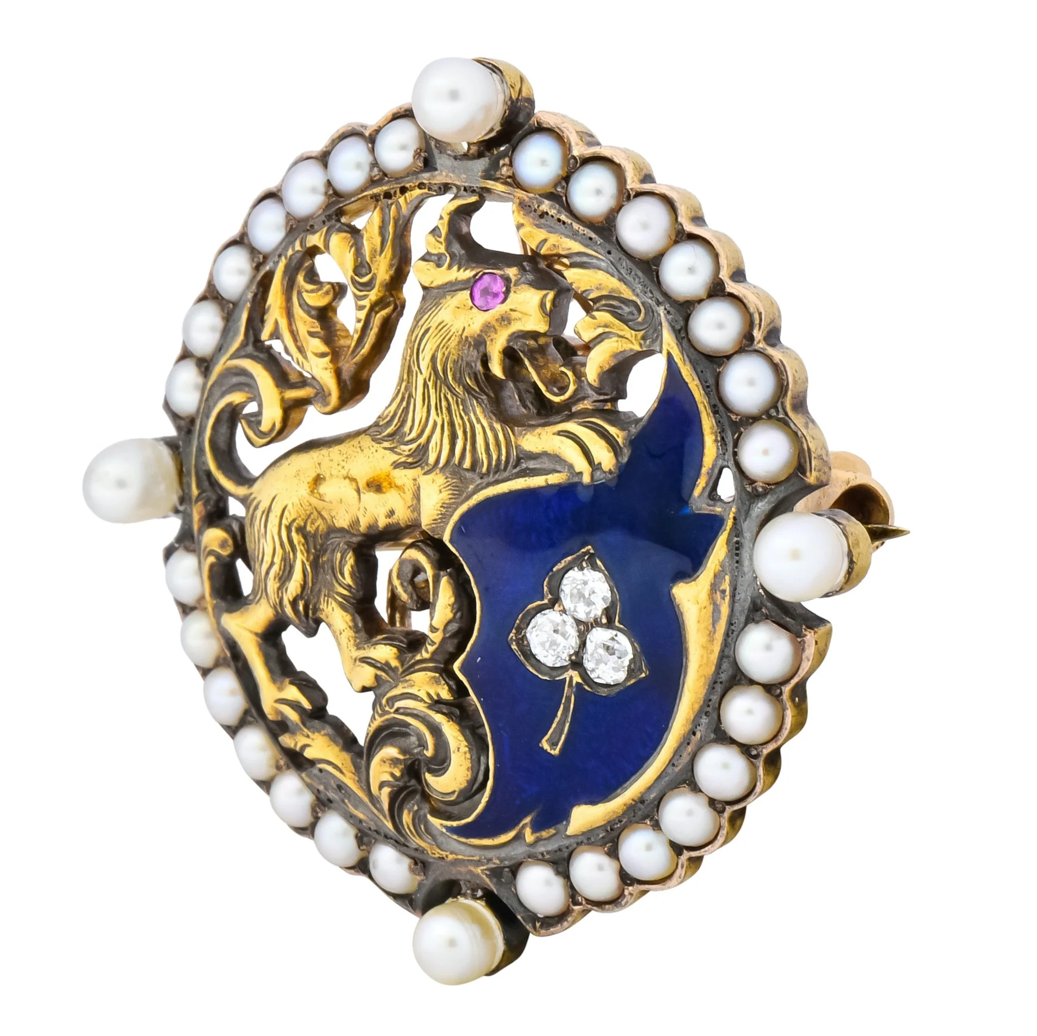 Victorian Diamond Pearl Ruby Enamel Stylized Lion Pendant Pin - Image 4