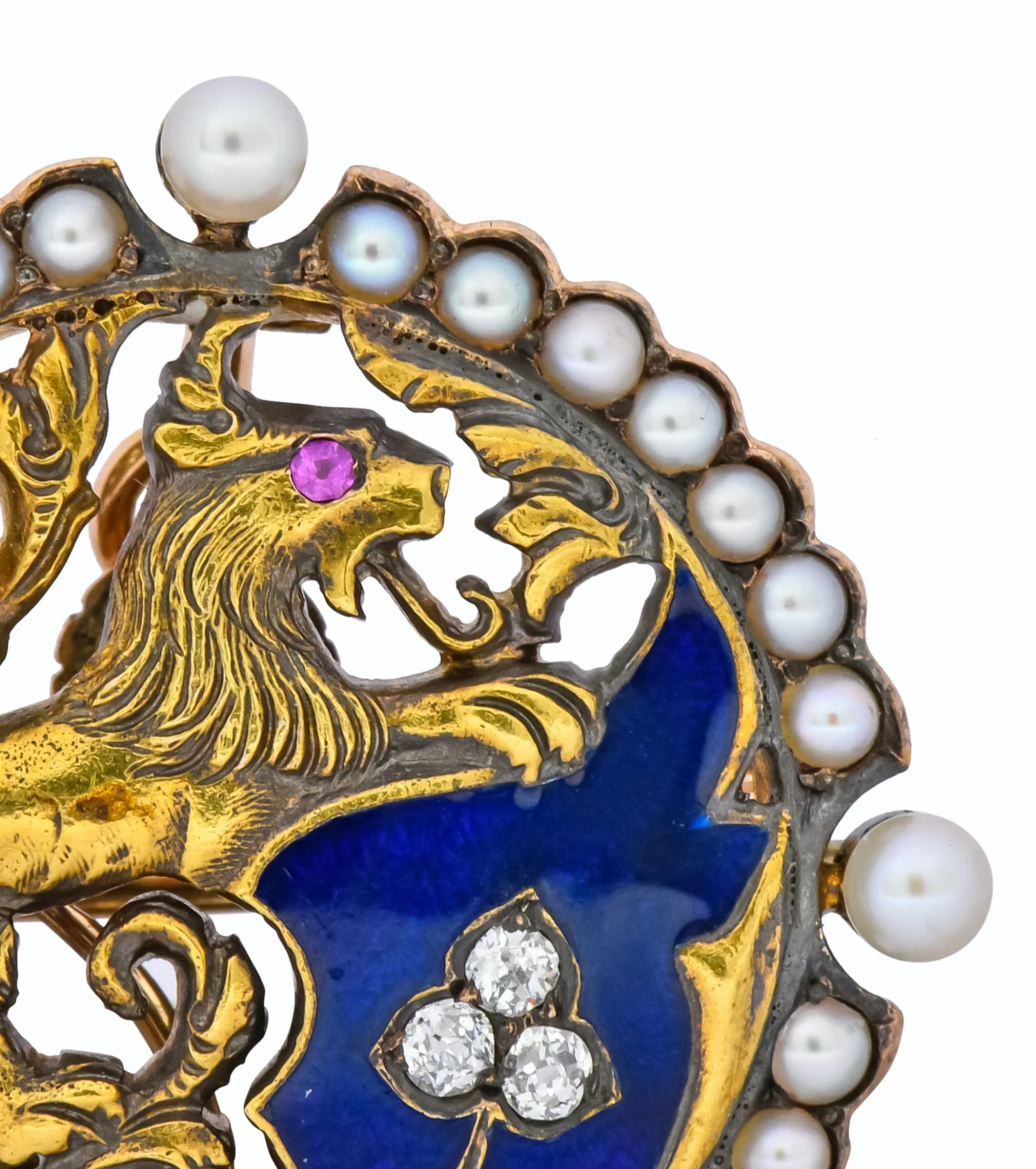 Victorian Diamond Pearl Ruby Enamel Stylized Lion Pendant Pin - Image 5