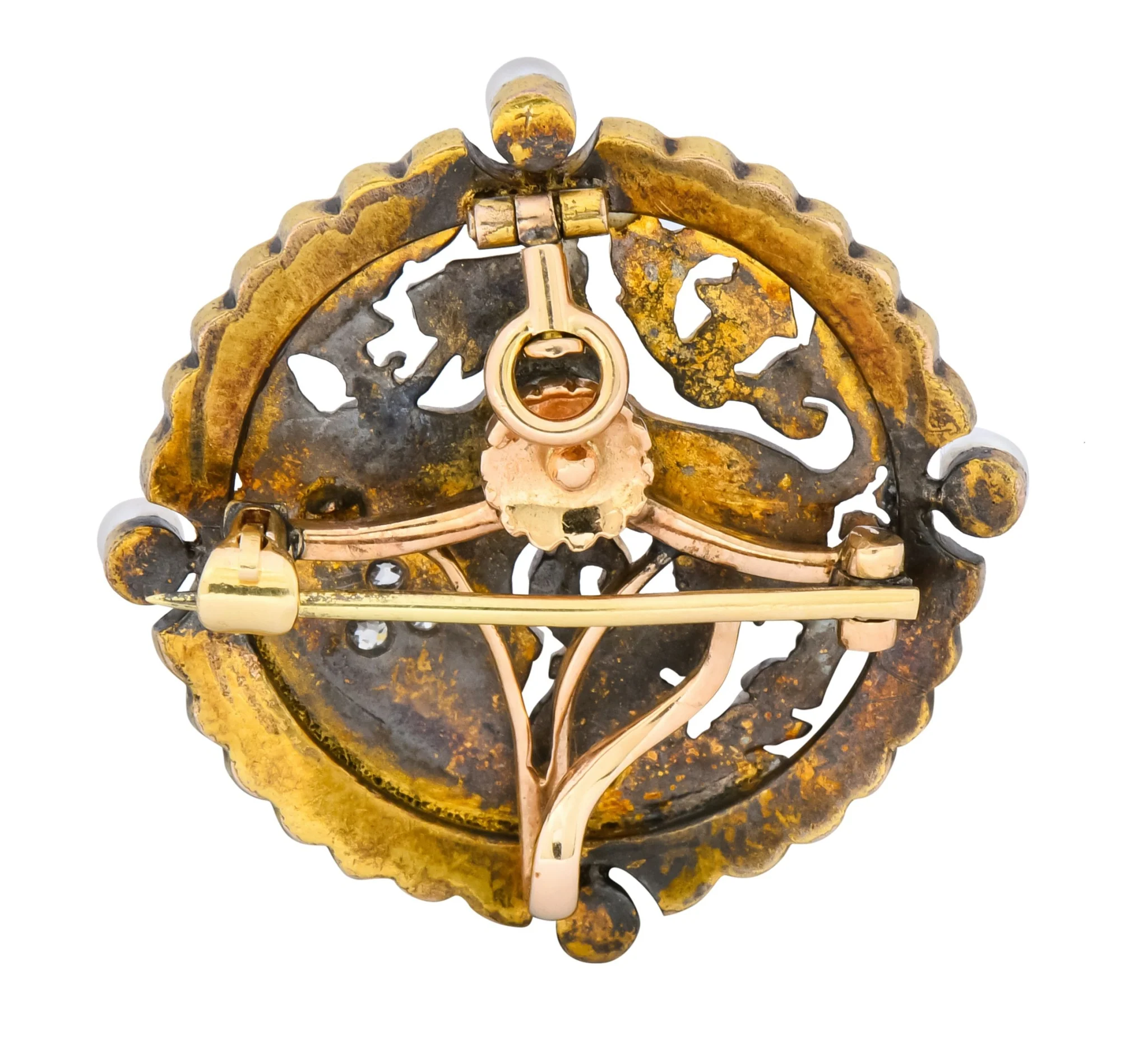 Victorian Diamond Pearl Ruby Enamel Stylized Lion Pendant Pin - Image 7