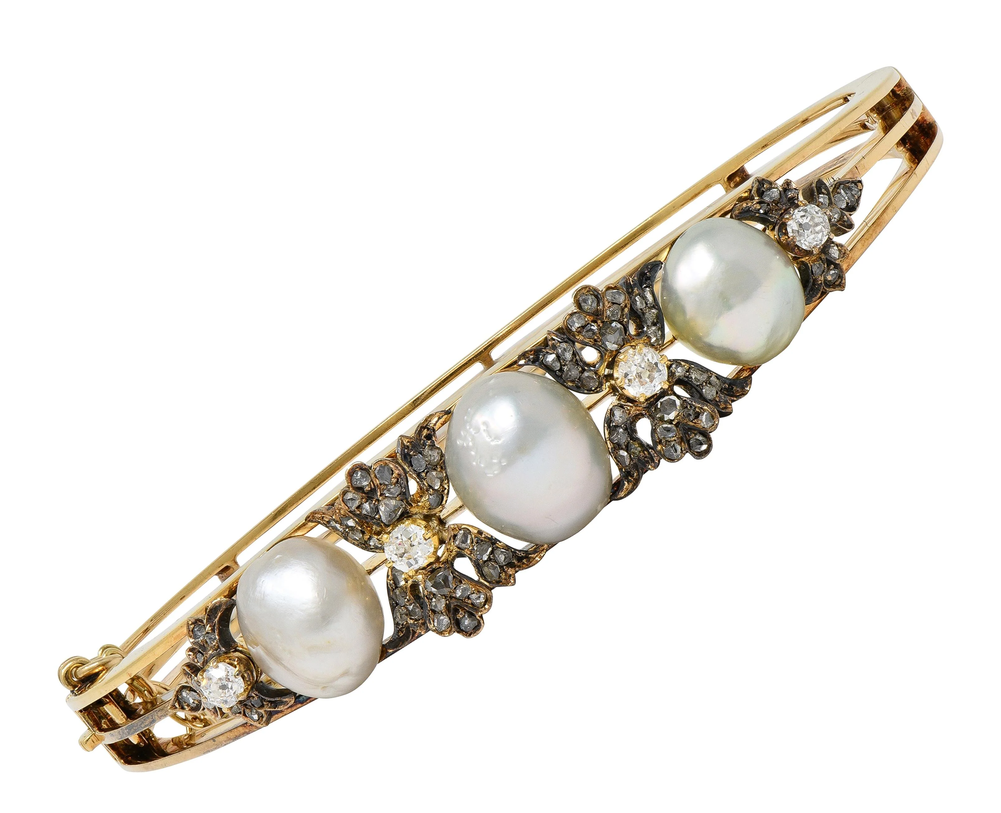 Victorian Diamond Pearl Silver-Topped 14 Karat Yellow Gold Antique Bangle Bracelet