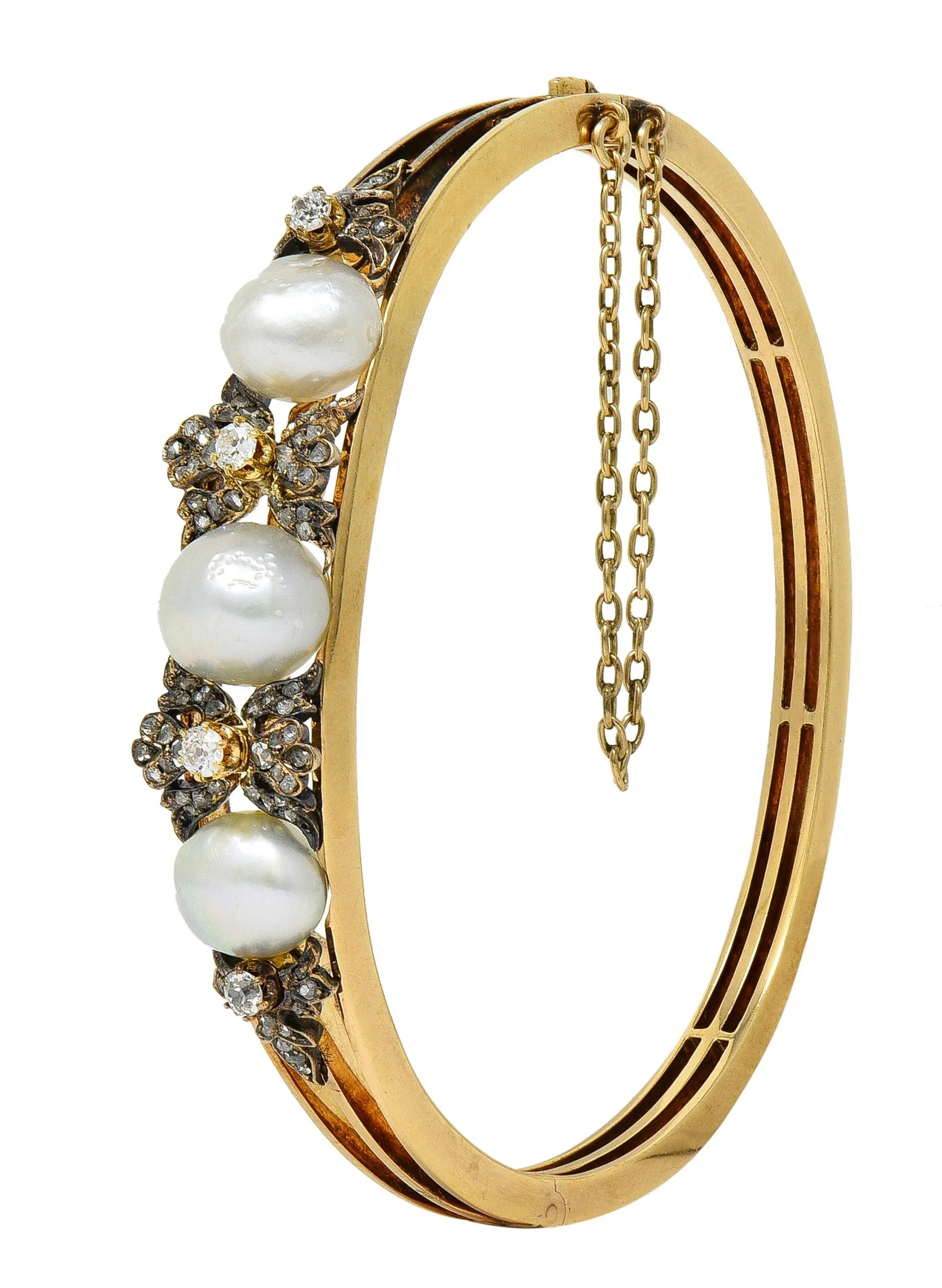 Victorian Diamond Pearl Silver-Topped 14 Karat Yellow Gold Antique Bangle Bracelet - Image 2