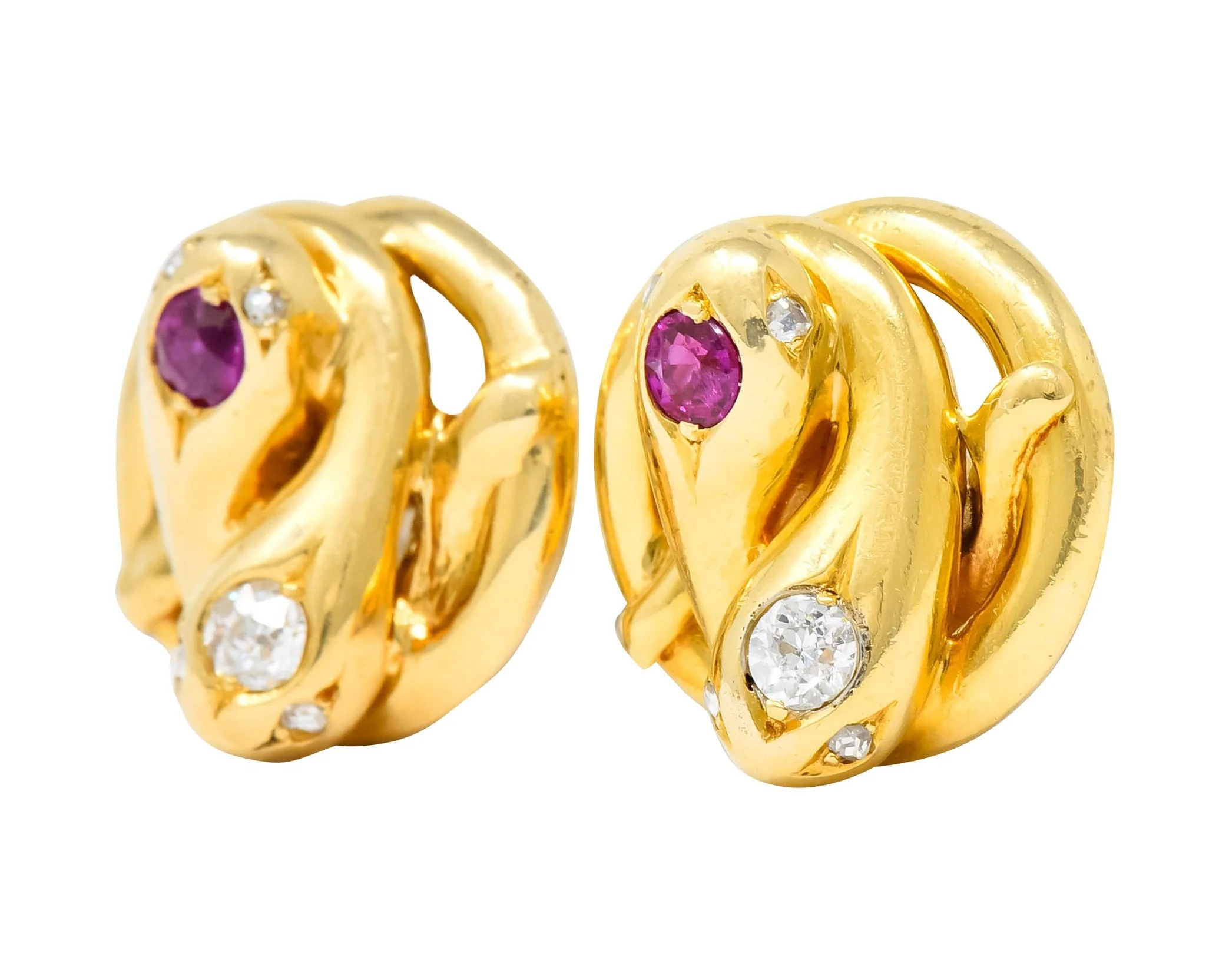 Victorian Diamond Ruby 18 Karat Yellow Gold Winding Snake Stud Earrings - Image 2
