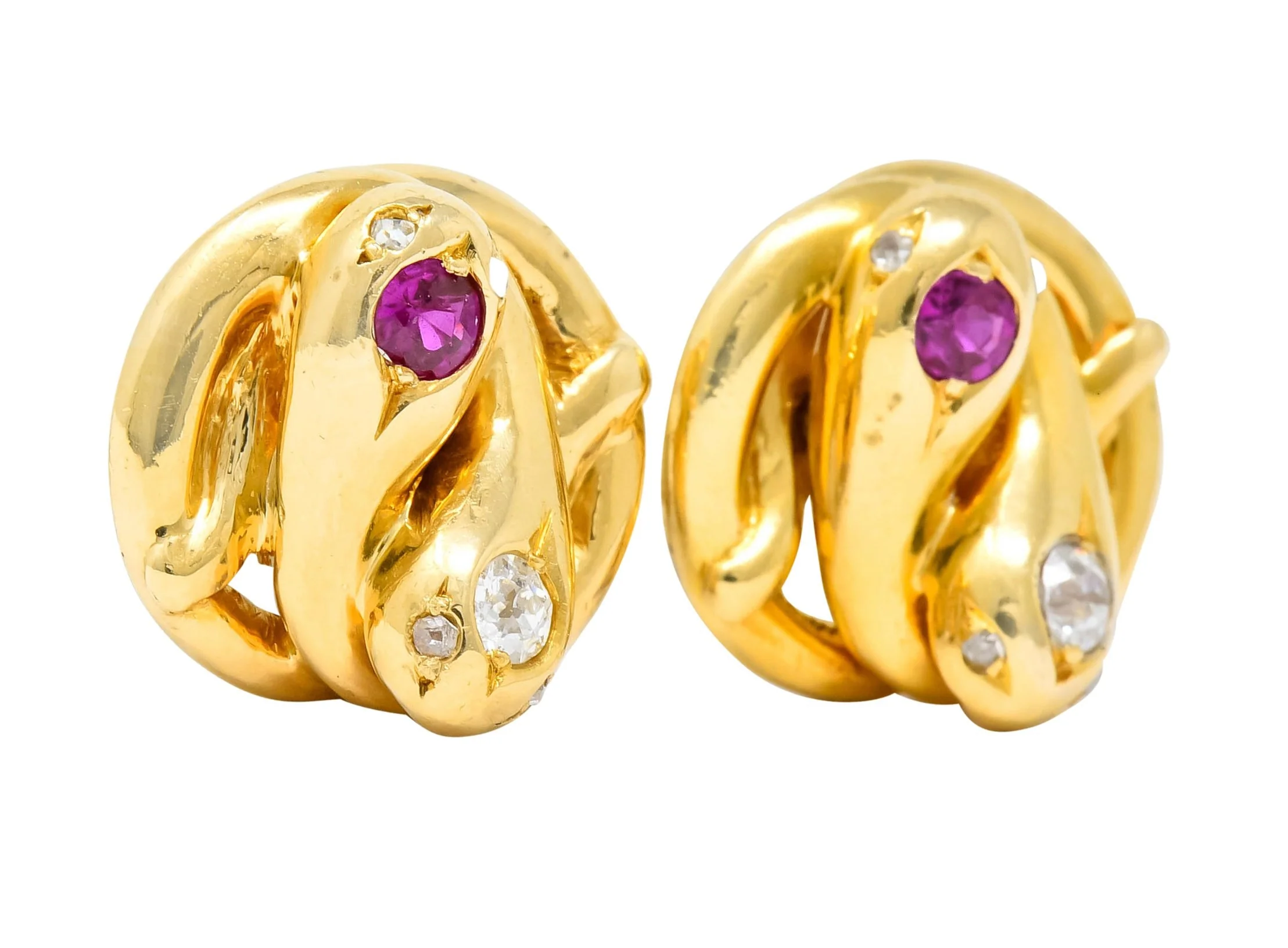 Victorian Diamond Ruby 18 Karat Yellow Gold Winding Snake Stud Earrings - Image 3