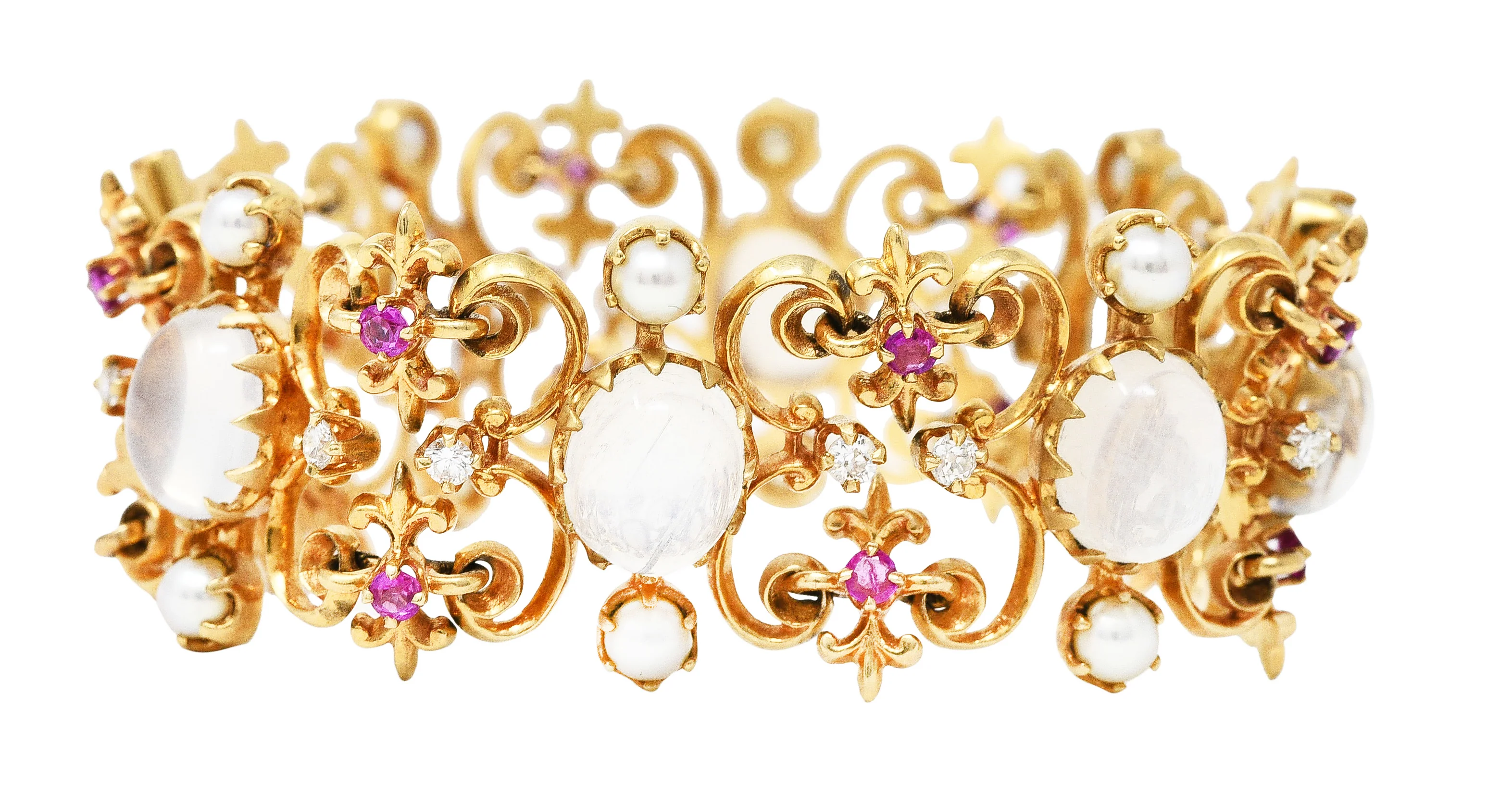 Victorian Diamond Ruby Moonstone Pearl 14 Karat Yellow Gold Fleur-De-Lis Antique Station Link Bracelet - Image 10