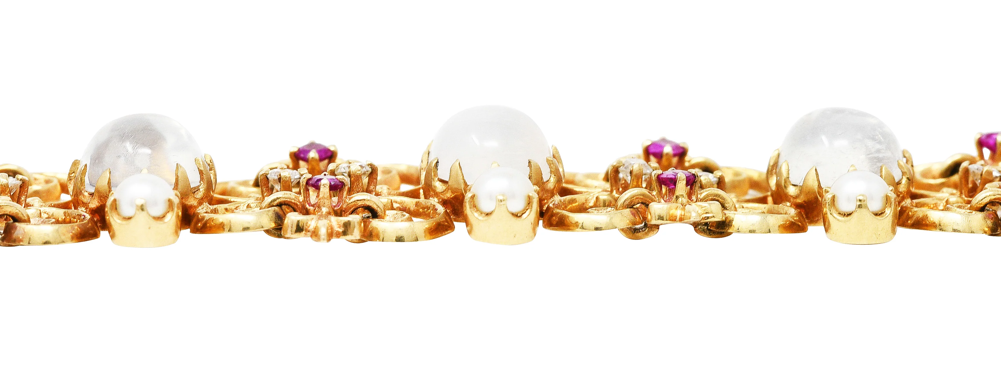 Victorian Diamond Ruby Moonstone Pearl 14 Karat Yellow Gold Fleur-De-Lis Antique Station Link Bracelet - Image 11