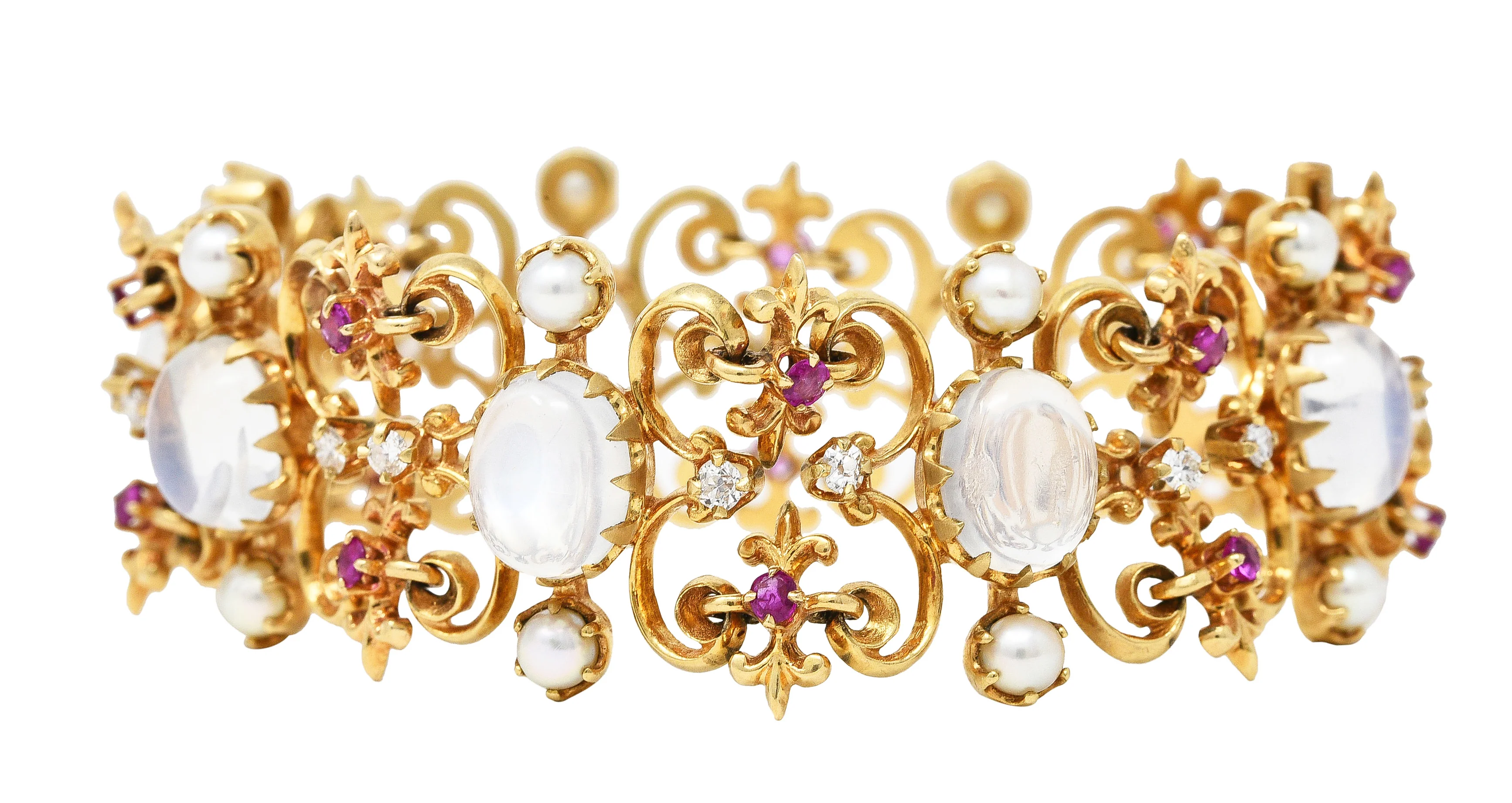 Victorian Diamond Ruby Moonstone Pearl 14 Karat Yellow Gold Fleur-De-Lis Antique Station Link Bracelet - Image 12