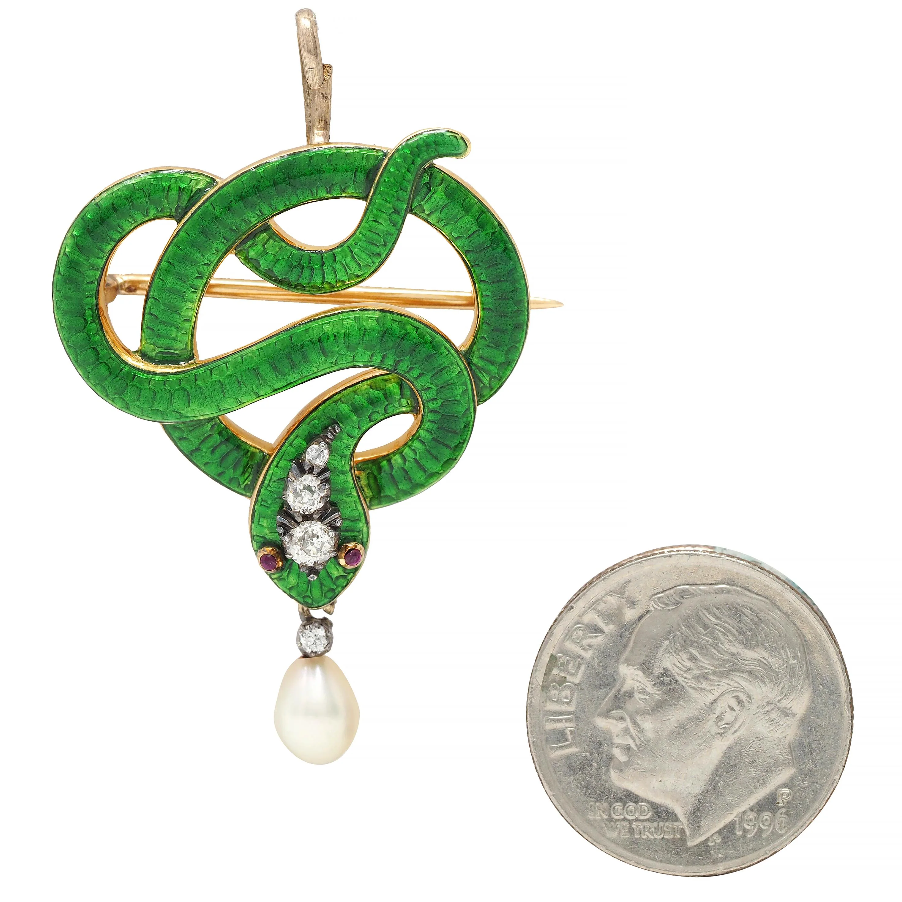 Victorian Diamond Ruby Pearl Basse-Taille Enamel 18 Karat Yellow Gold Silver- Topped Antique Snake Pendant Brooch - Image 10