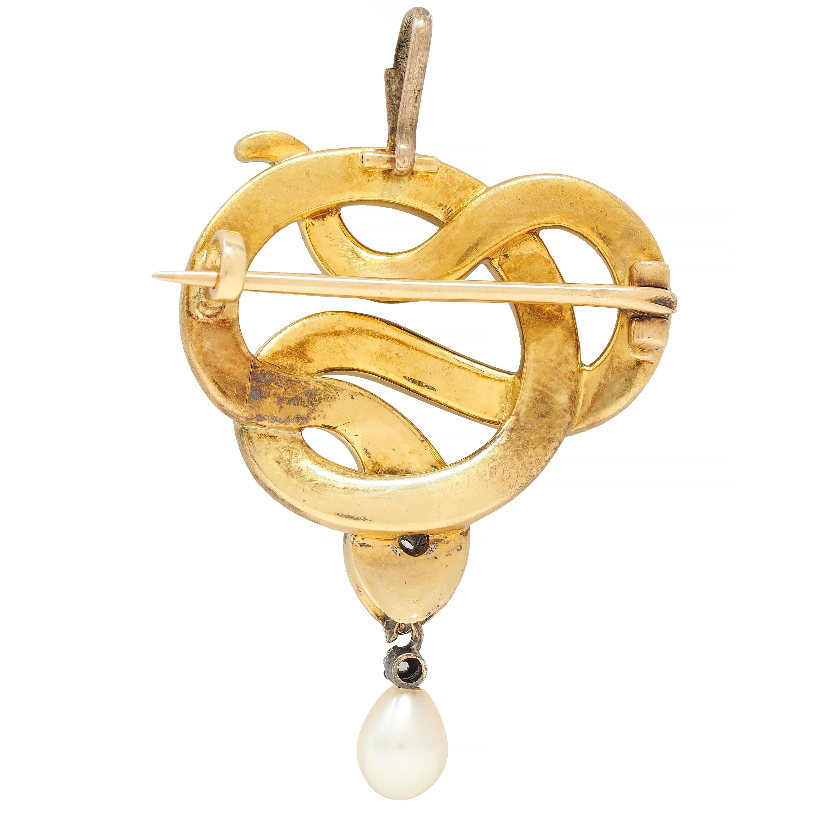 Victorian Diamond Ruby Pearl Basse-Taille Enamel 18 Karat Yellow Gold Silver- Topped Antique Snake Pendant Brooch - Image 3