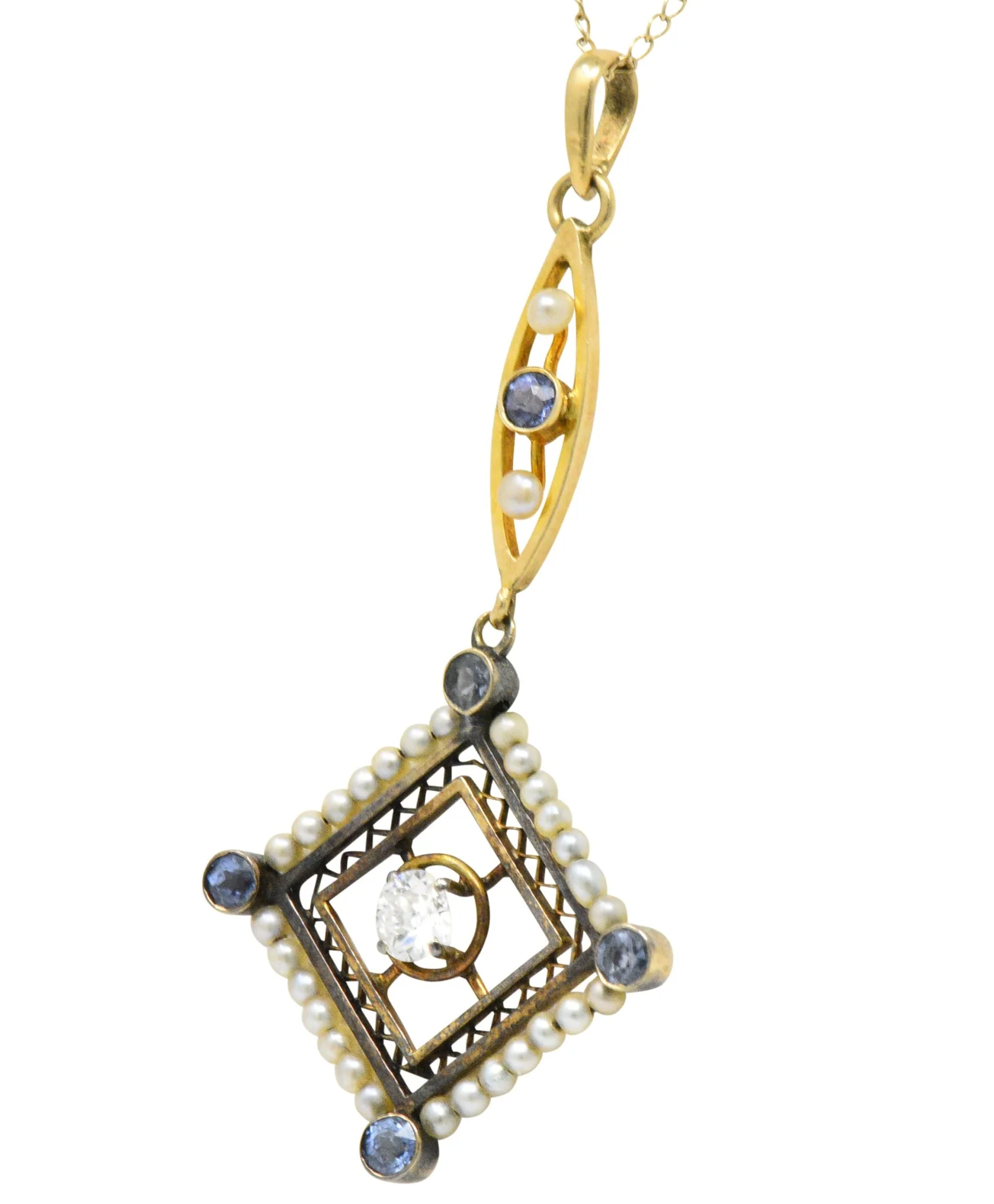 Victorian Diamond Sapphire Seed Pearl 14 Karat Gold Pendant Necklace - Image 3