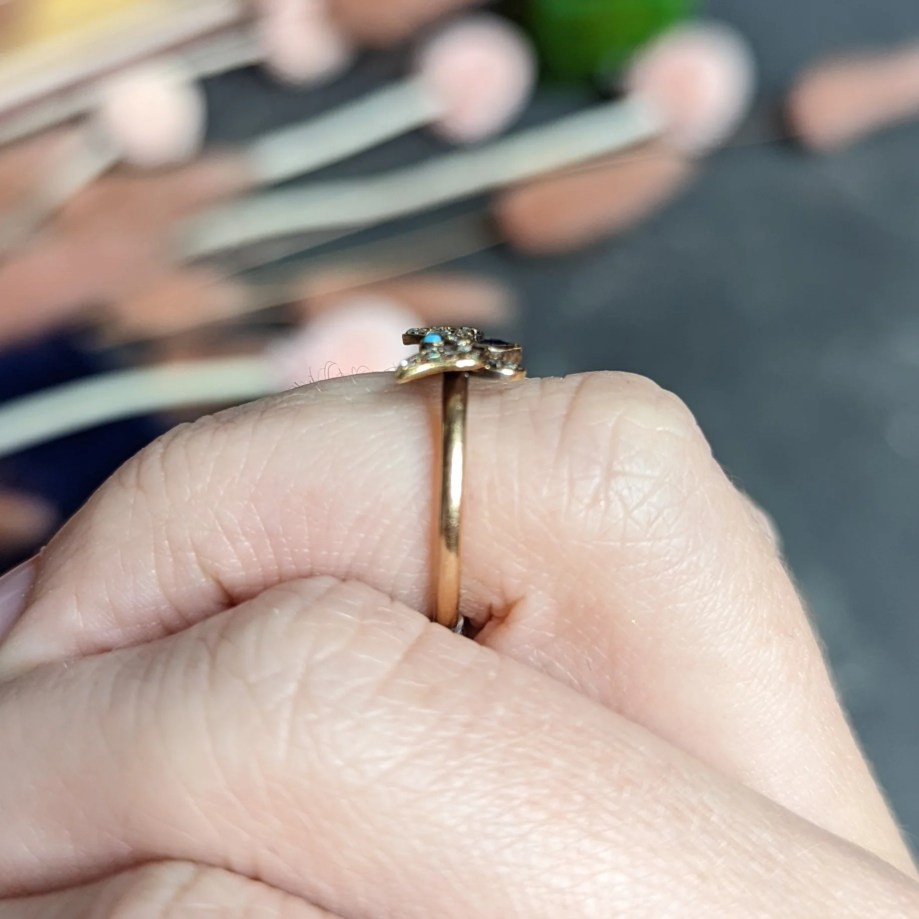 Victorian Diamond Sapphire Turquoise 14 & 18 Karat Rose Gold Butterfly Ring - Image 11