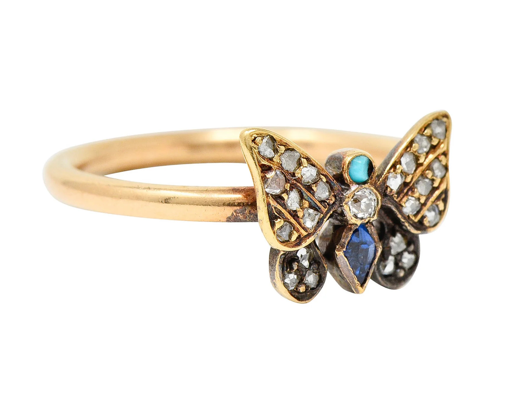 Victorian Diamond Sapphire Turquoise 14 & 18 Karat Rose Gold Butterfly Ring - Image 2