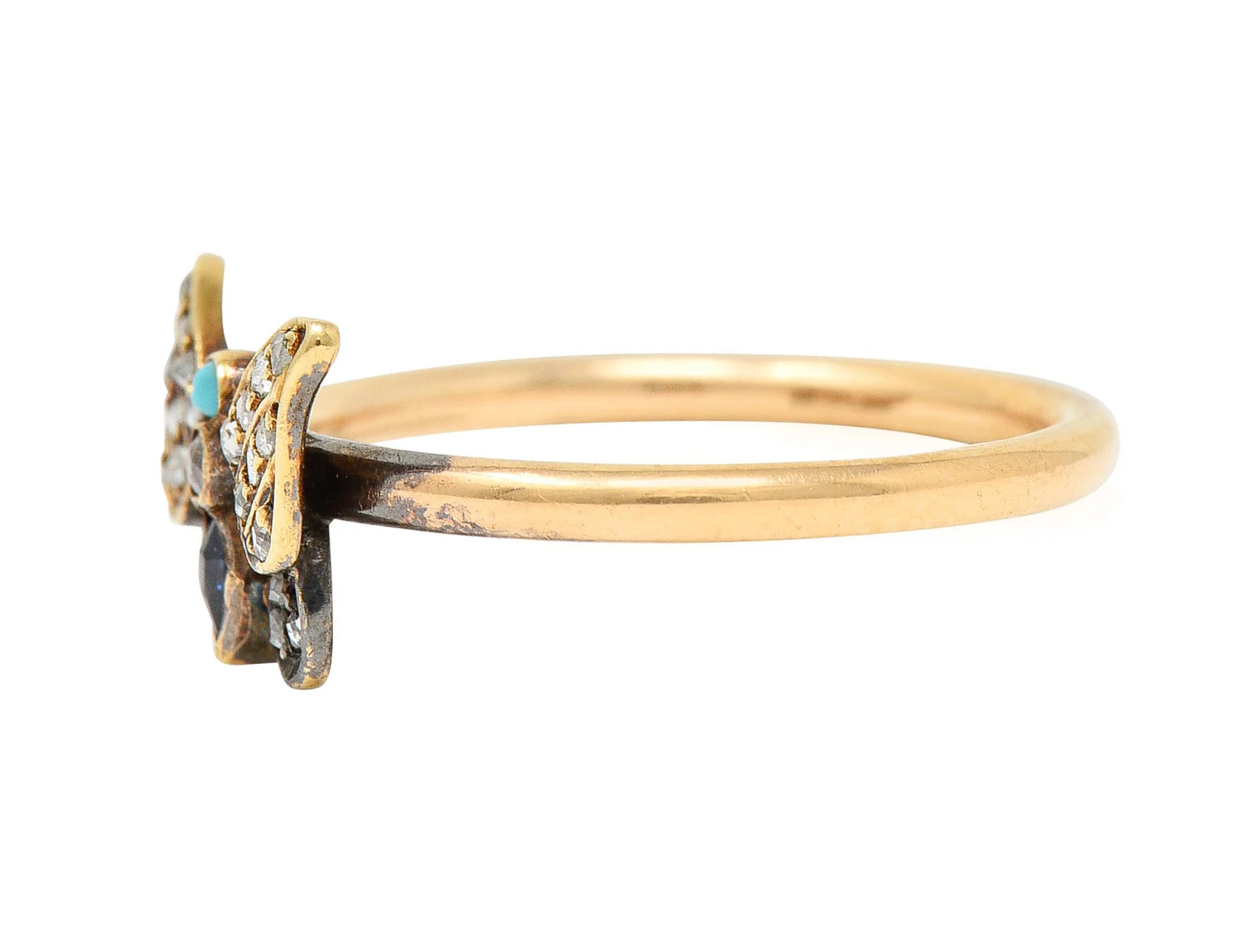 Victorian Diamond Sapphire Turquoise 14 & 18 Karat Rose Gold Butterfly Ring - Image 5