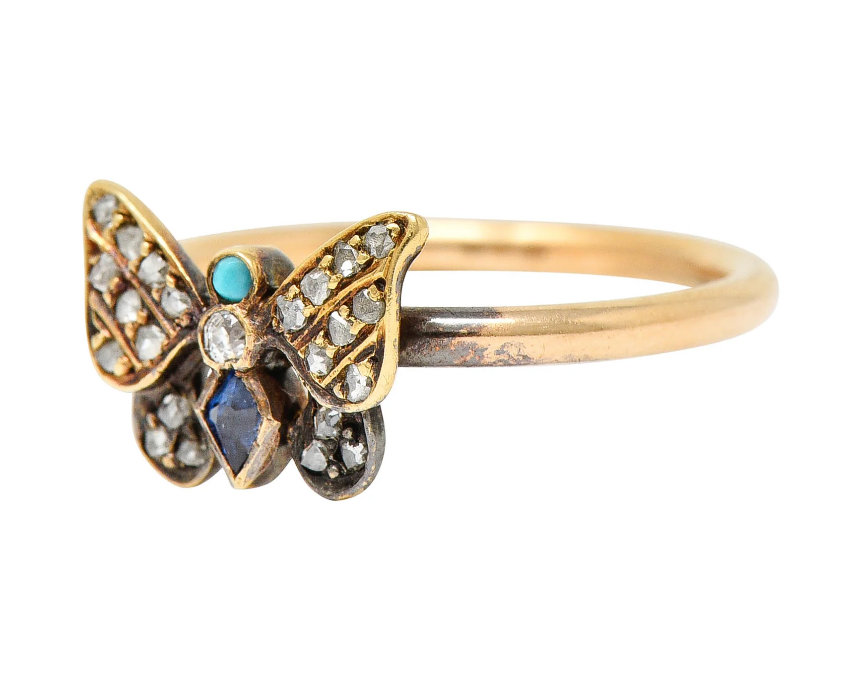 Victorian Diamond Sapphire Turquoise 14 & 18 Karat Rose Gold Butterfly Ring - Image 6
