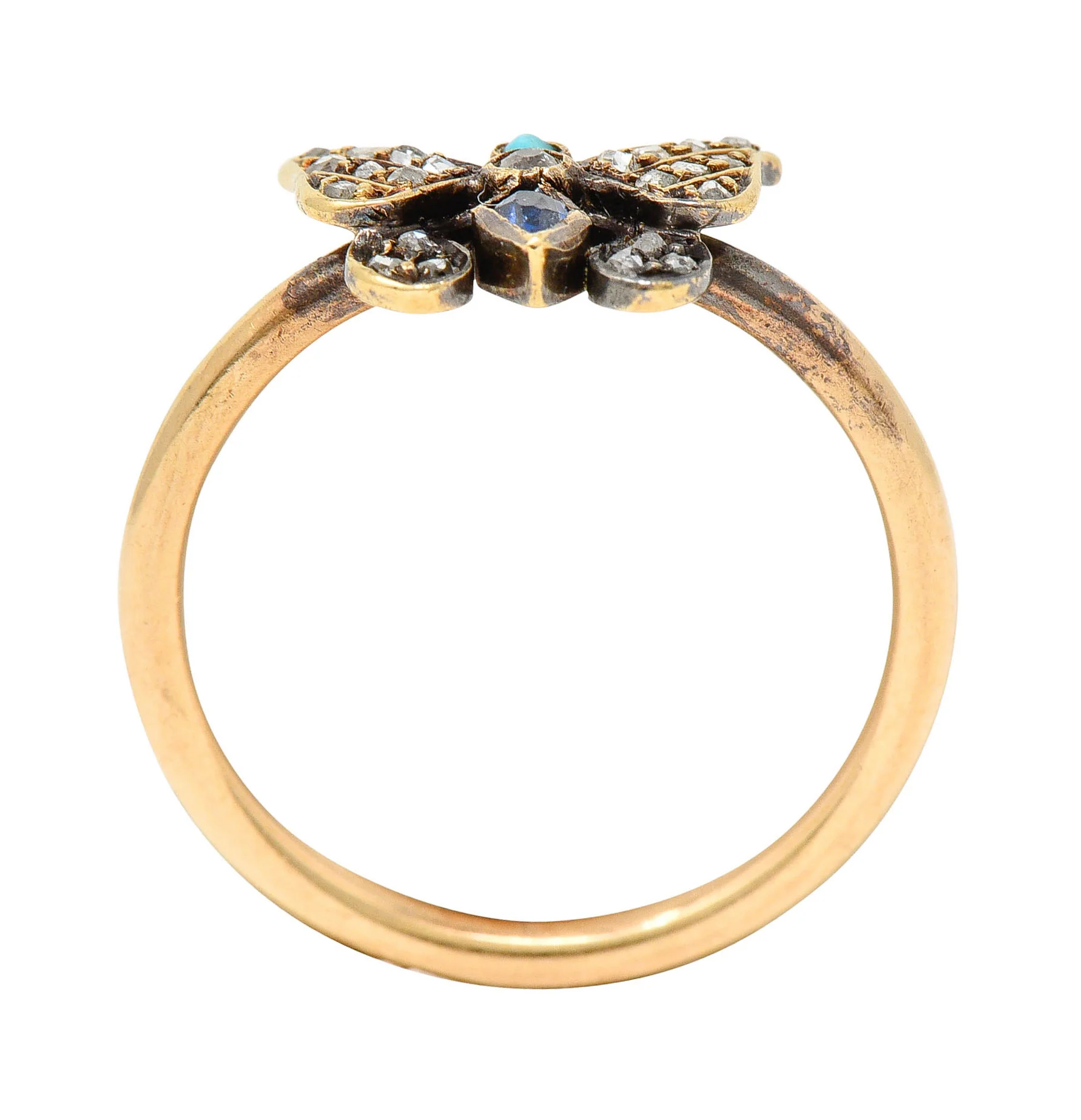 Victorian Diamond Sapphire Turquoise 14 & 18 Karat Rose Gold Butterfly Ring - Image 7