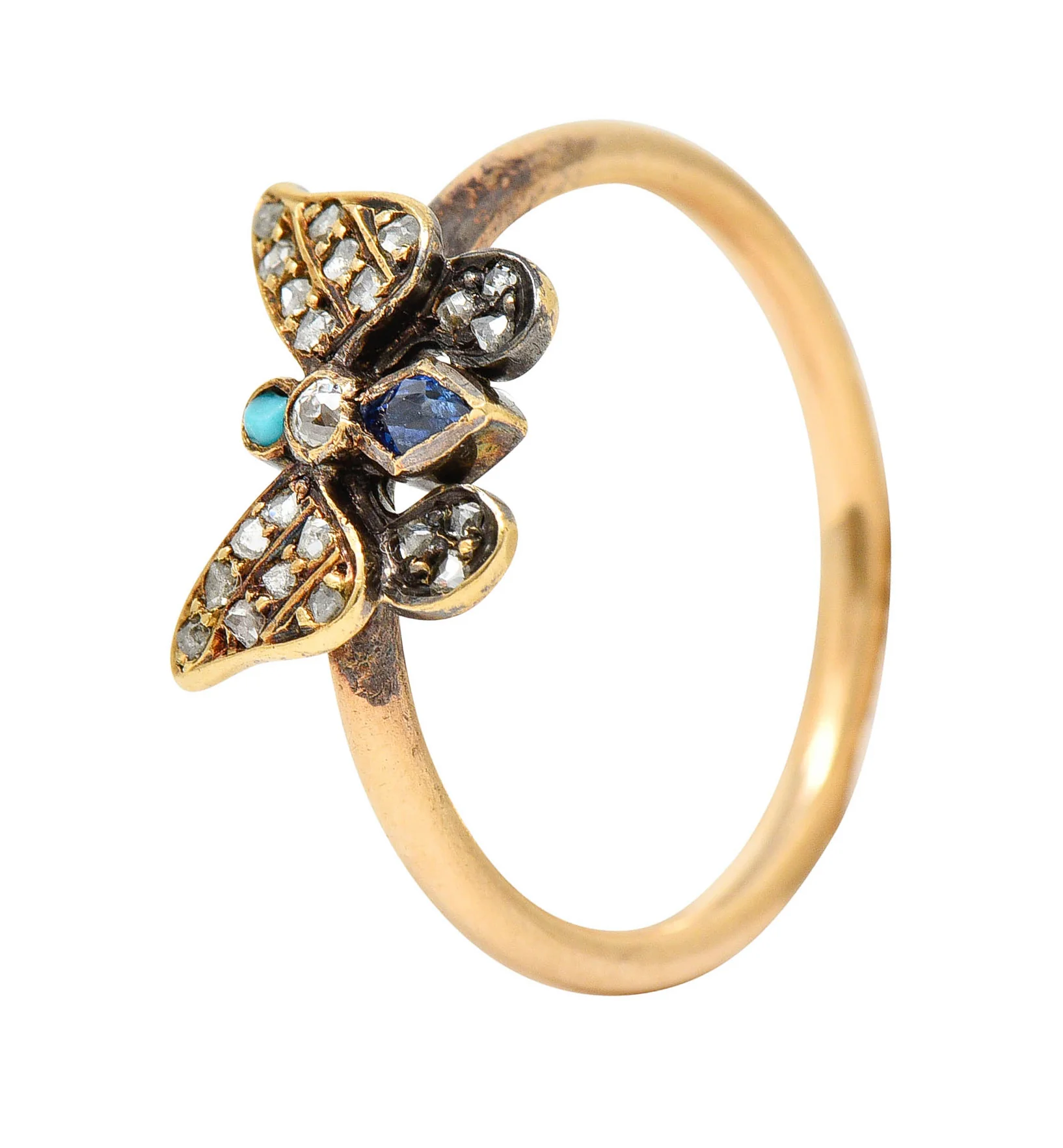 Victorian Diamond Sapphire Turquoise 14 & 18 Karat Rose Gold Butterfly Ring - Image 8