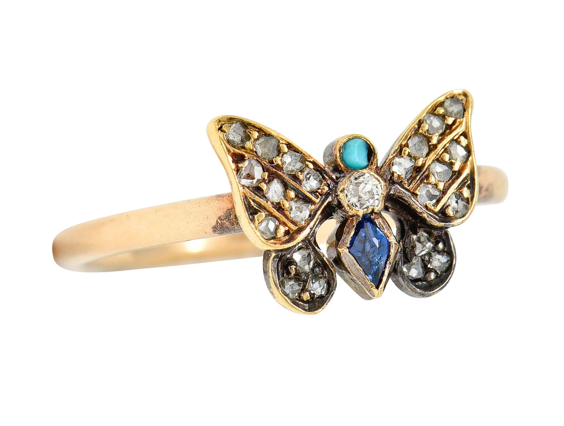 Victorian Diamond Sapphire Turquoise 14 & 18 Karat Rose Gold Butterfly Ring - Image 9