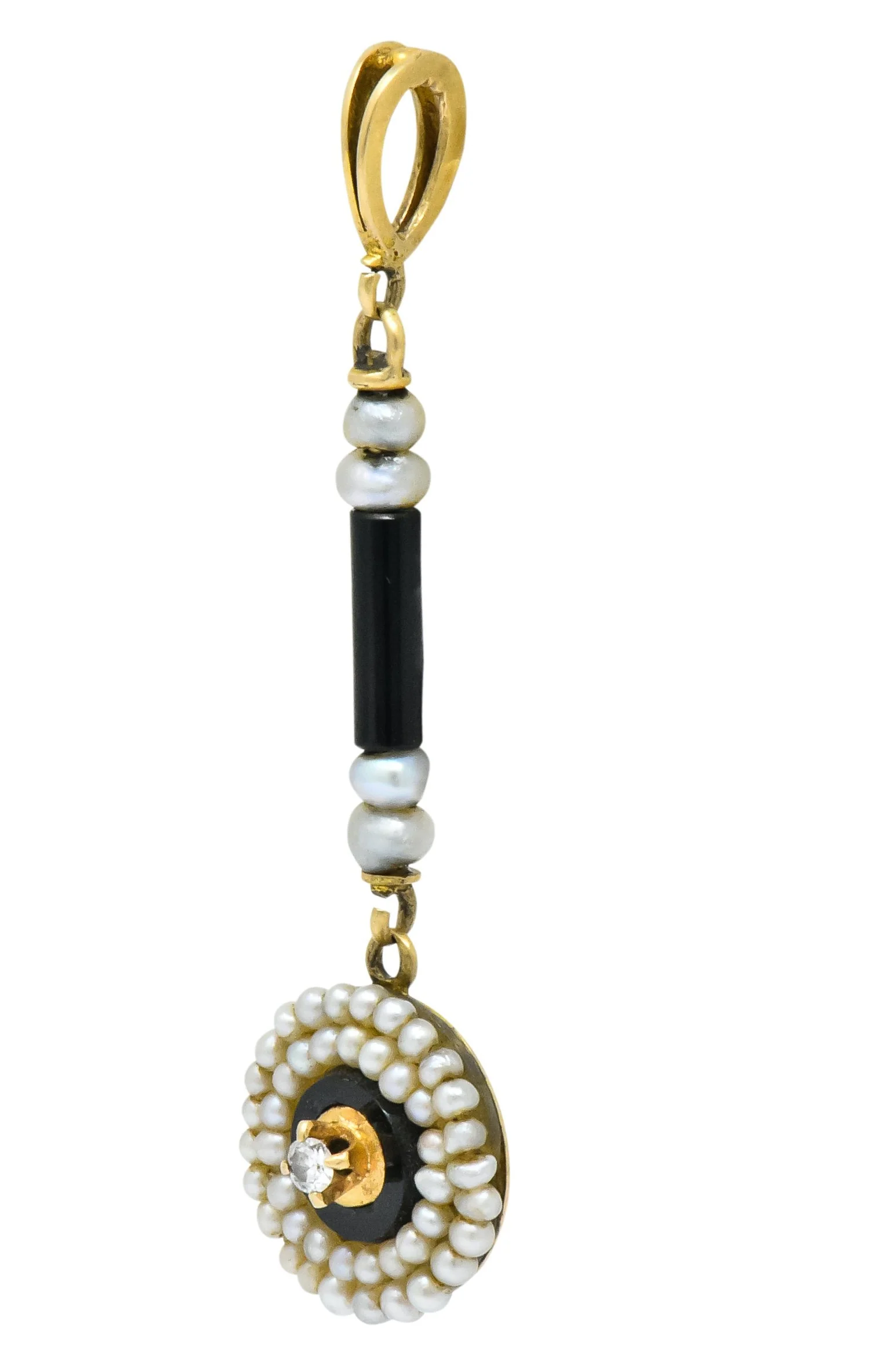 Victorian Diamond Seed Pearl Onyx 14 Karat Gold Drop Pendant - Image 2