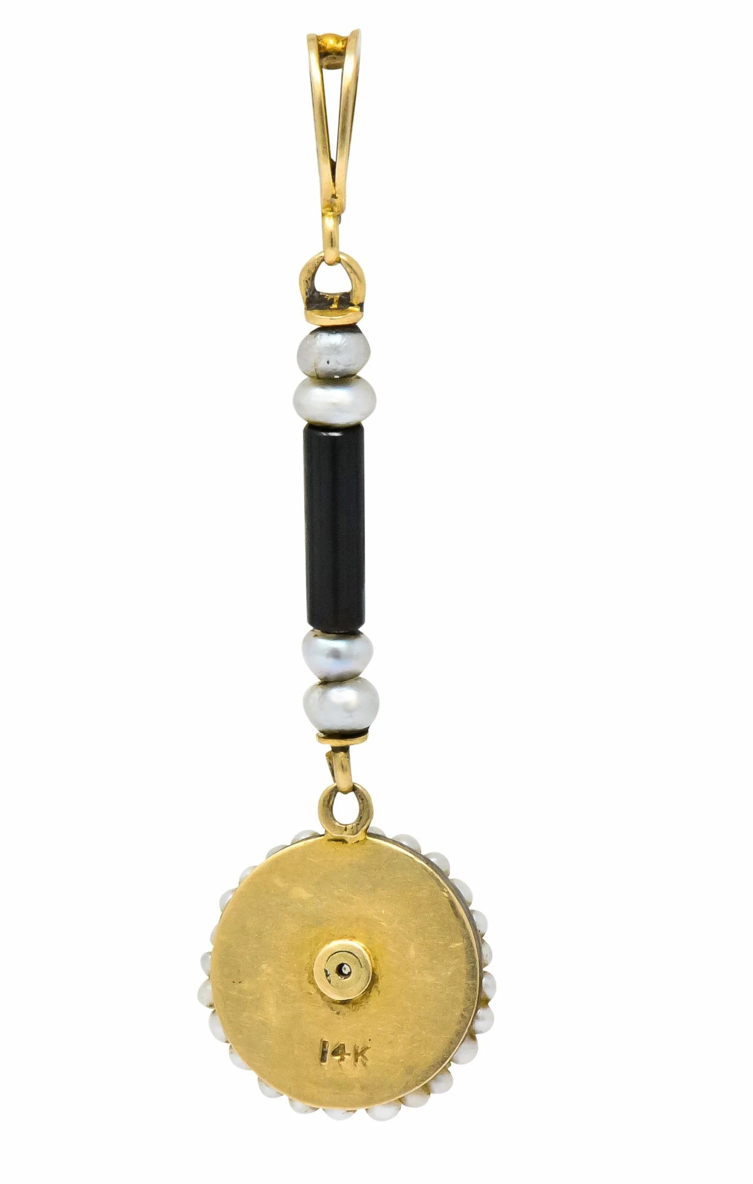 Victorian Diamond Seed Pearl Onyx 14 Karat Gold Drop Pendant - Image 6
