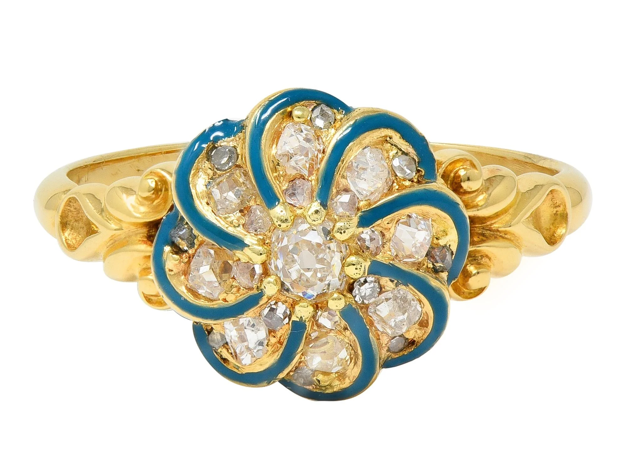 Victorian Diamond Teal Enamel 18 Karat Yellow Gold Antique Swirling Floral Cluster Ring