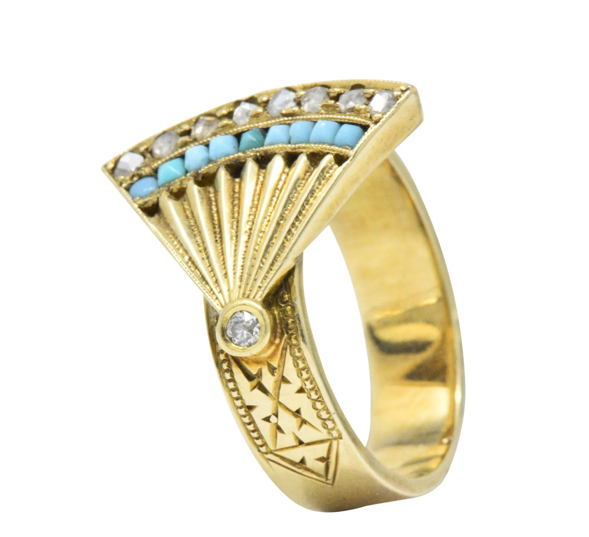 Victorian Diamond Turquoise 14 Karat Gold Fan Band Ring - Image 6