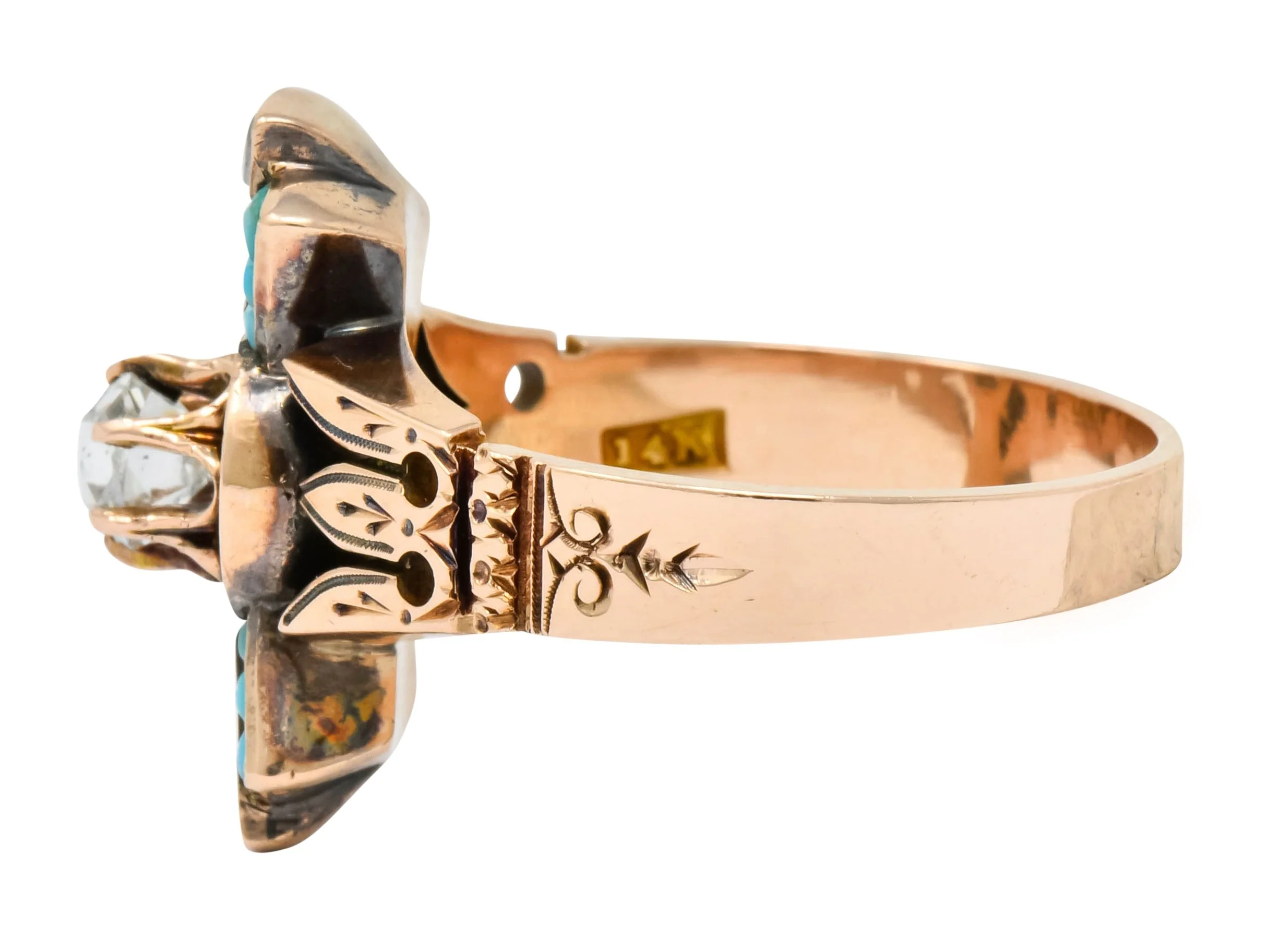 Victorian Diamond Turquoise 14 Karat Rose Gold Statement Ring - Image 5