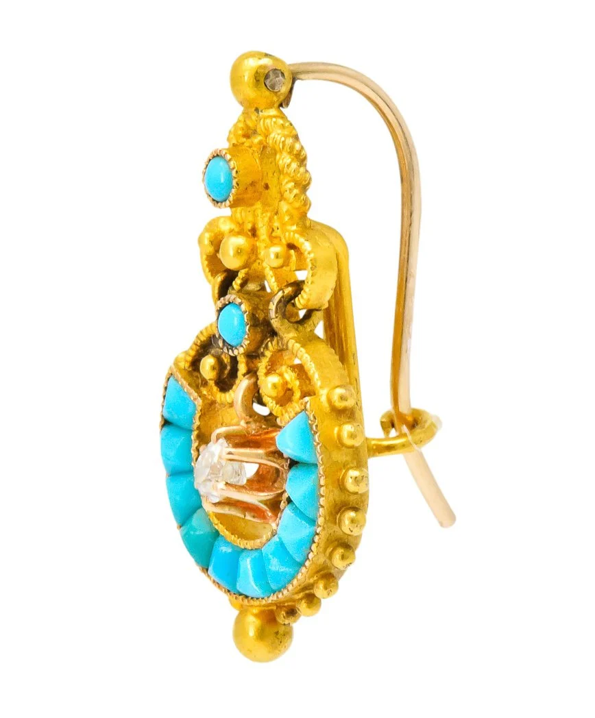 Victorian Diamond Turquoise 18 Karat Gold Drop Earrings - Image 2