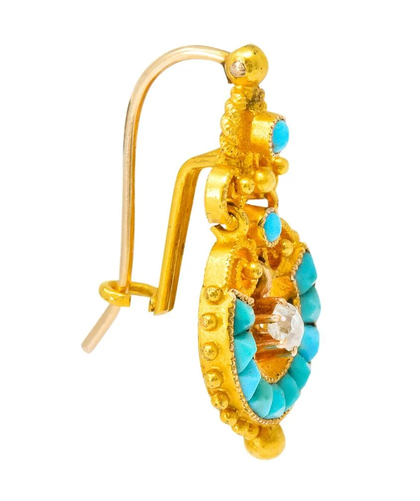 Victorian Diamond Turquoise 18 Karat Gold Drop Earrings - Image 3