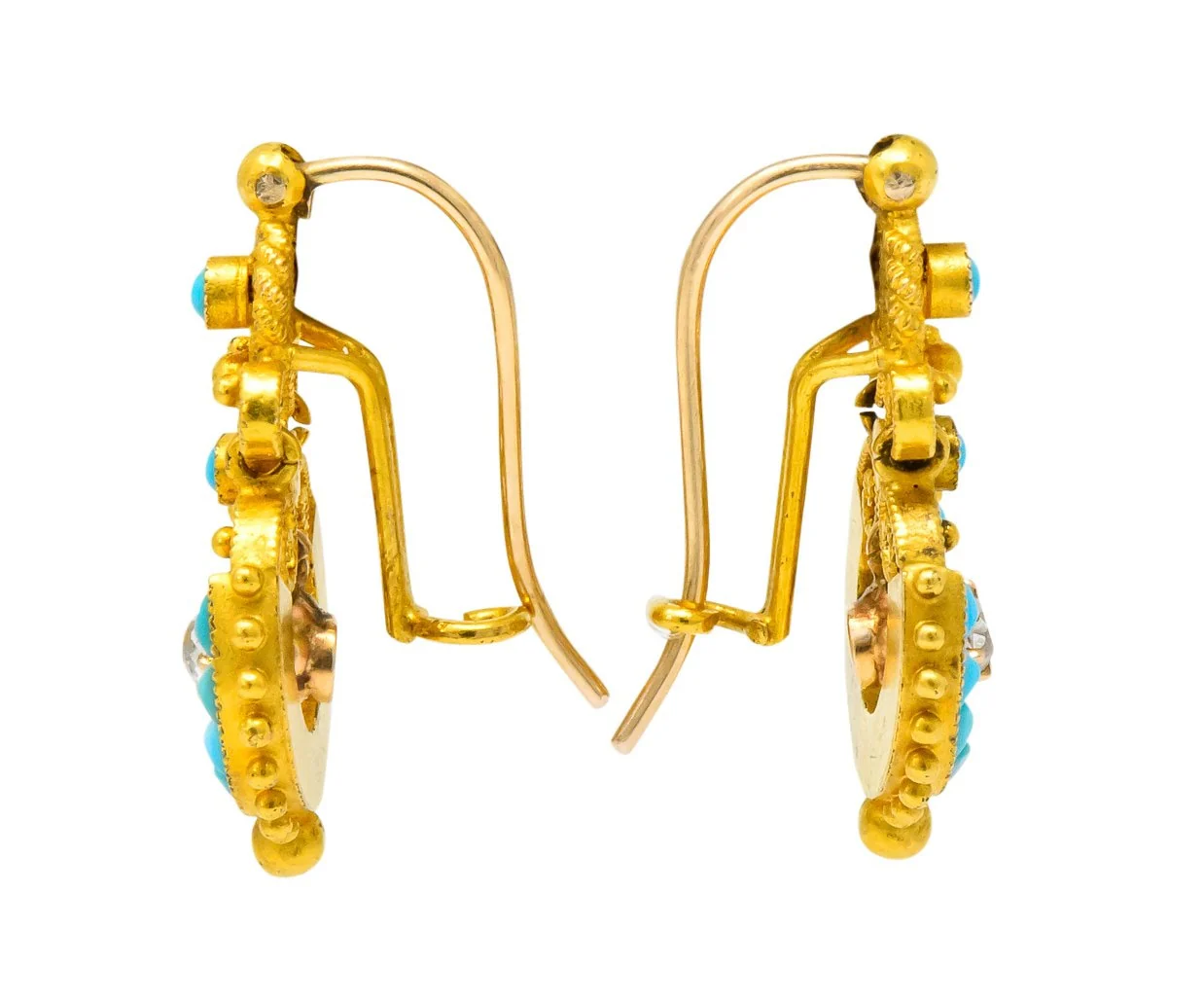 Victorian Diamond Turquoise 18 Karat Gold Drop Earrings - Image 4