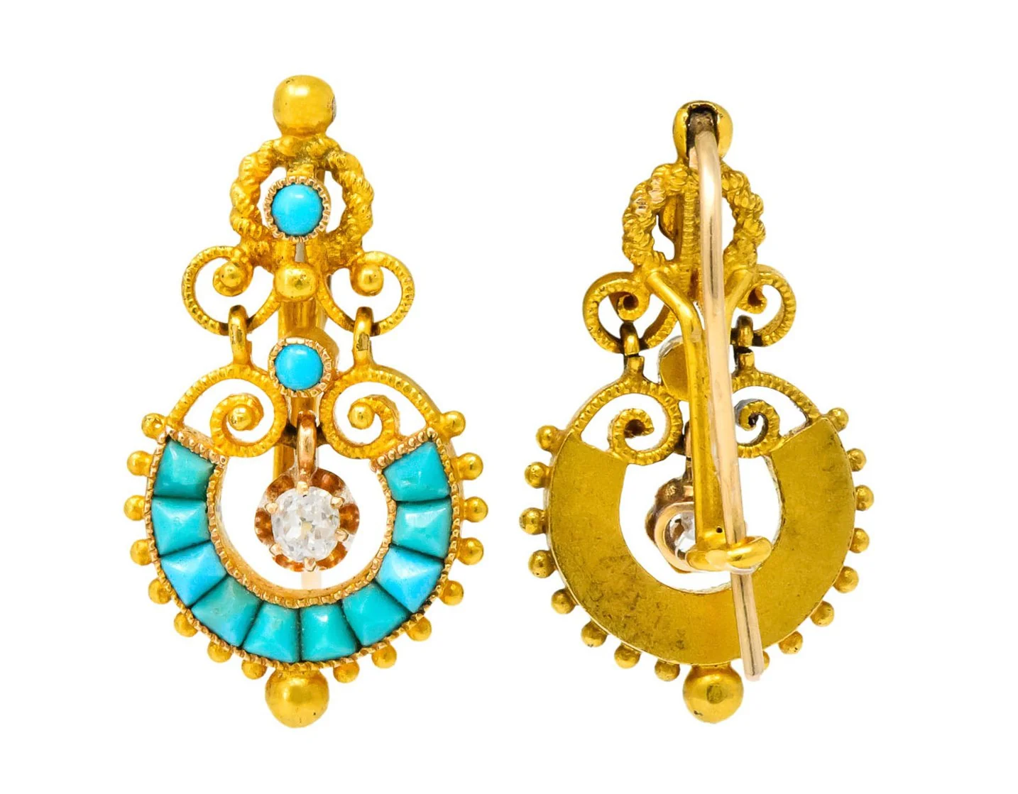Victorian Diamond Turquoise 18 Karat Gold Drop Earrings - Image 6