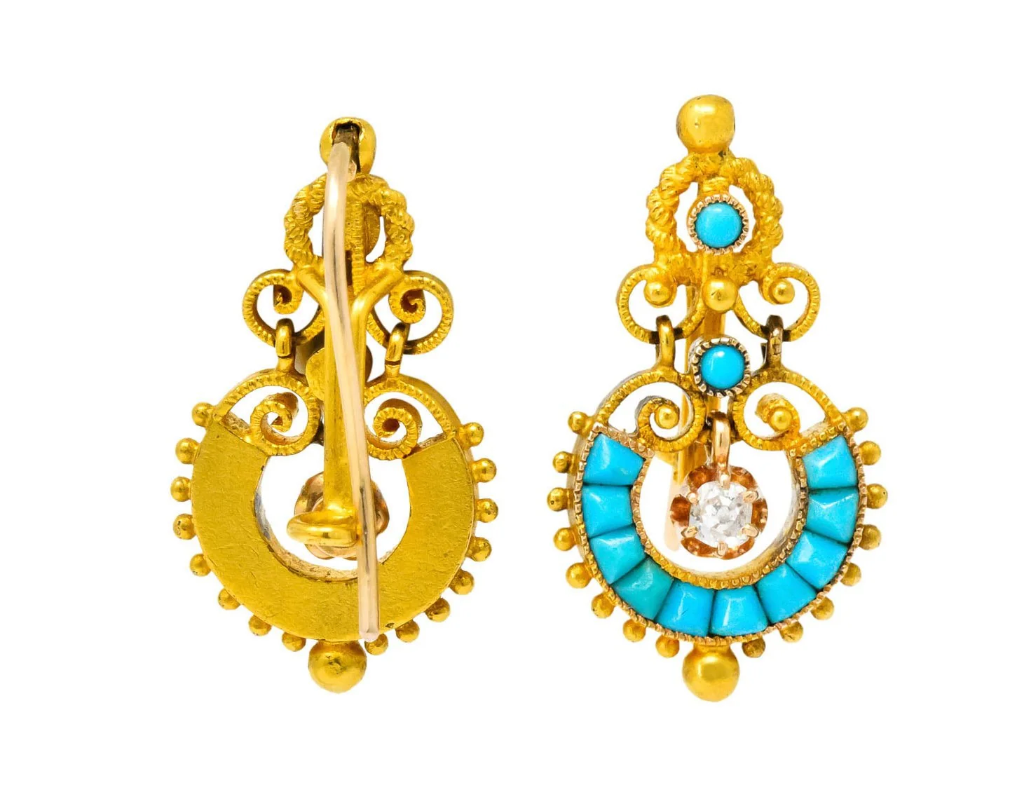 Victorian Diamond Turquoise 18 Karat Gold Drop Earrings - Image 7