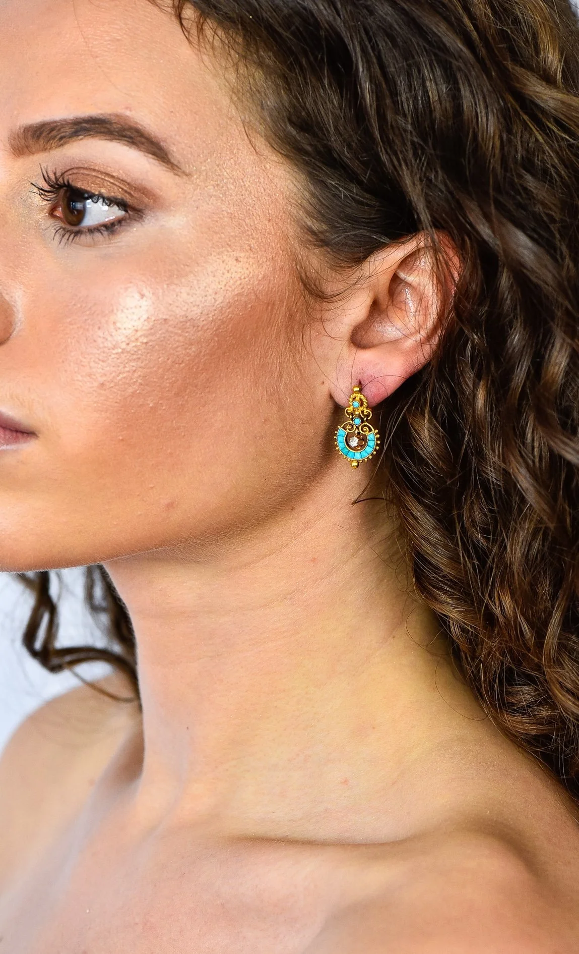 Victorian Diamond Turquoise 18 Karat Gold Drop Earrings - Image 8