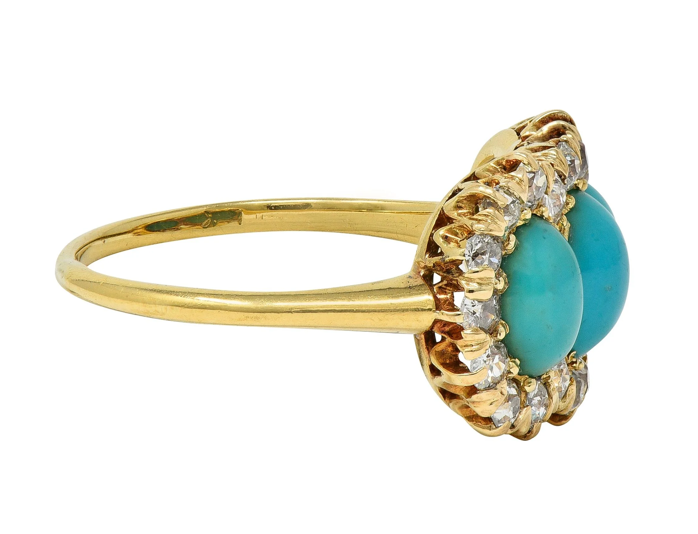 Victorian Diamond Turquoise 18 Karat Yellow Gold Antique Cluster Halo Ring - Image 2