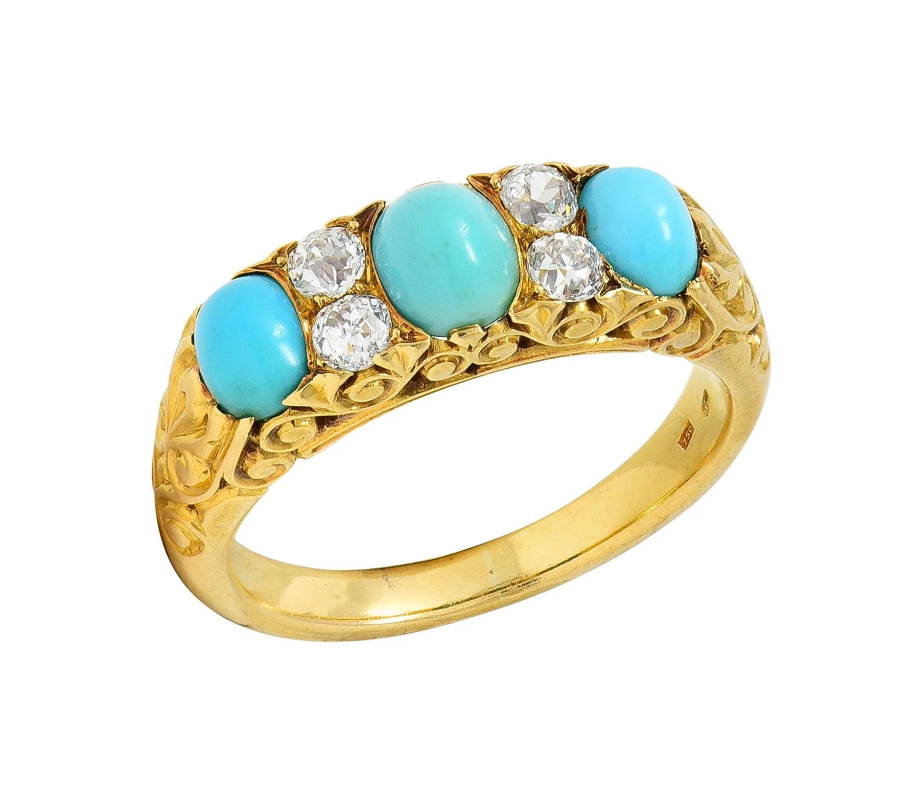 Victorian Diamond Turquoise 18 Karat Yellow Gold Scrolling Antique Band Ring - Image 10