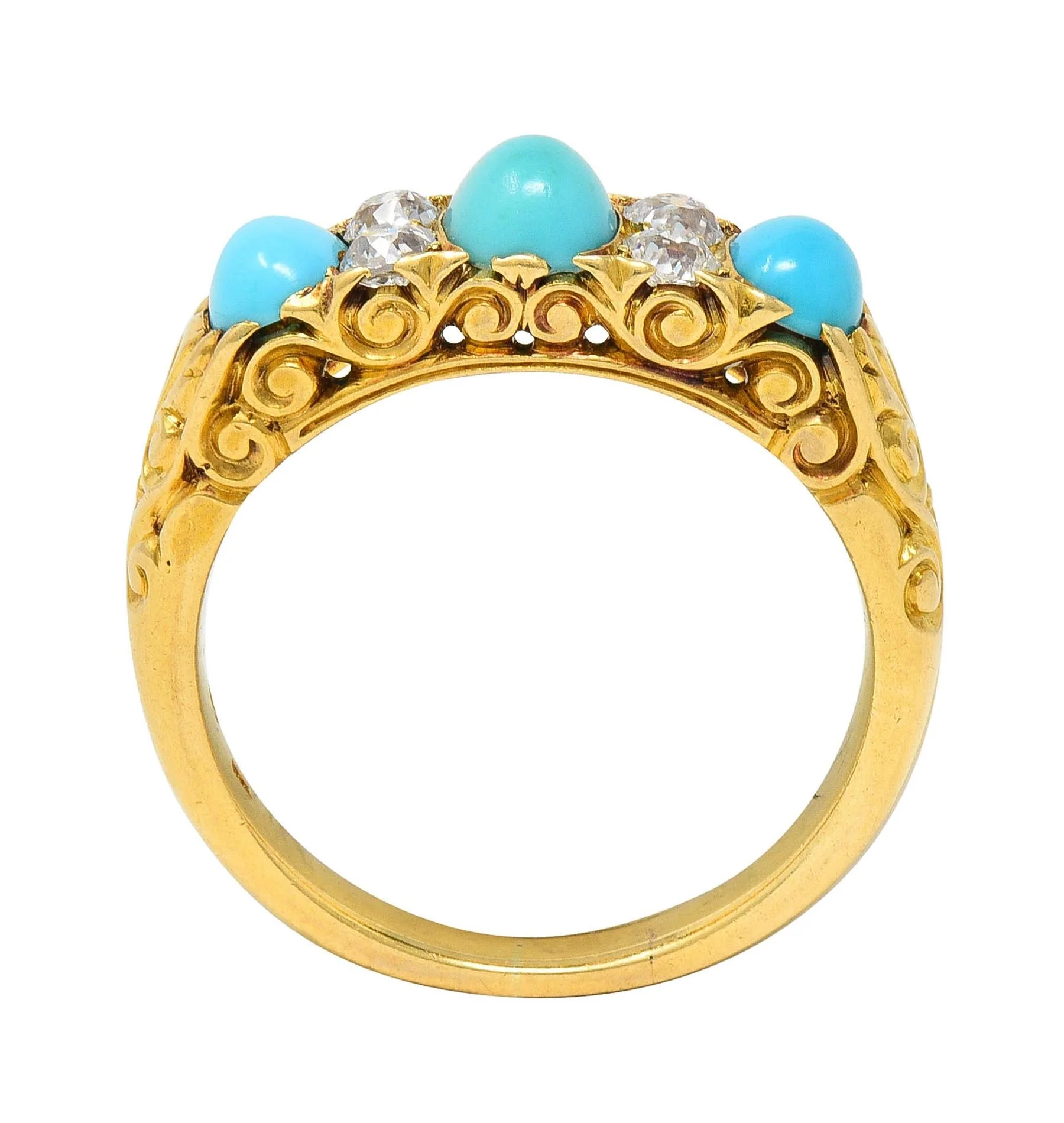 Victorian Diamond Turquoise 18 Karat Yellow Gold Scrolling Antique Band Ring - Image 11