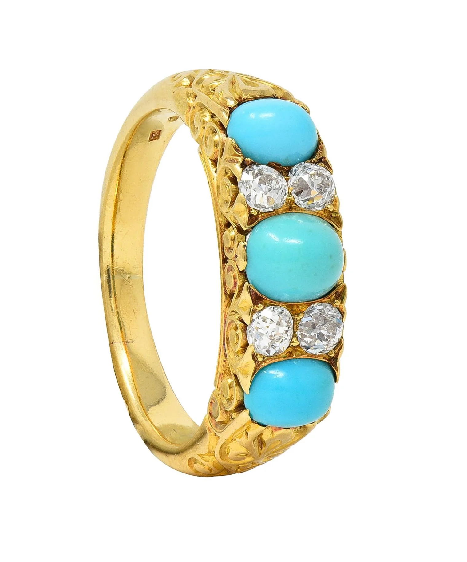 Victorian Diamond Turquoise 18 Karat Yellow Gold Scrolling Antique Band Ring - Image 12
