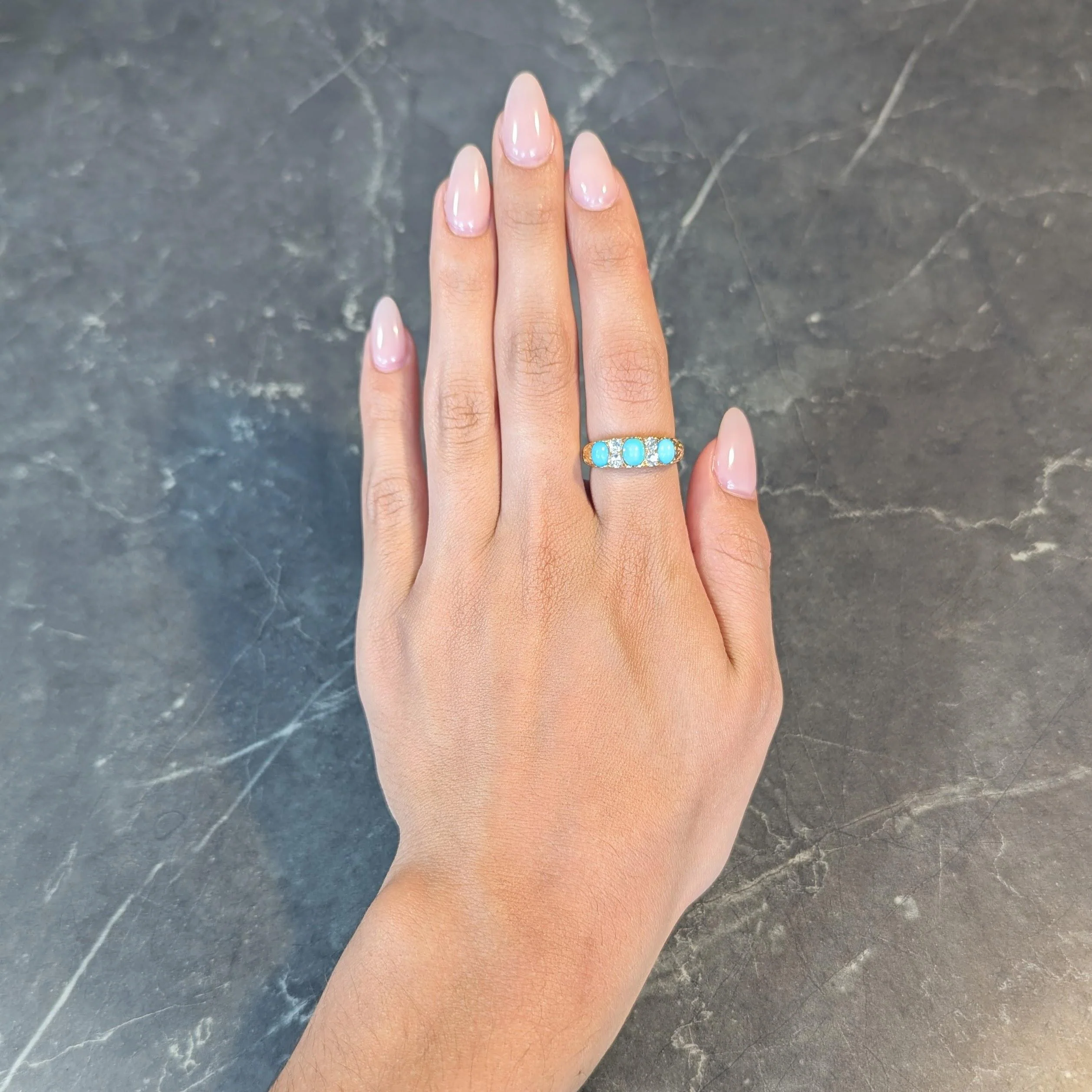 Victorian Diamond Turquoise 18 Karat Yellow Gold Scrolling Antique Band Ring - Image 13