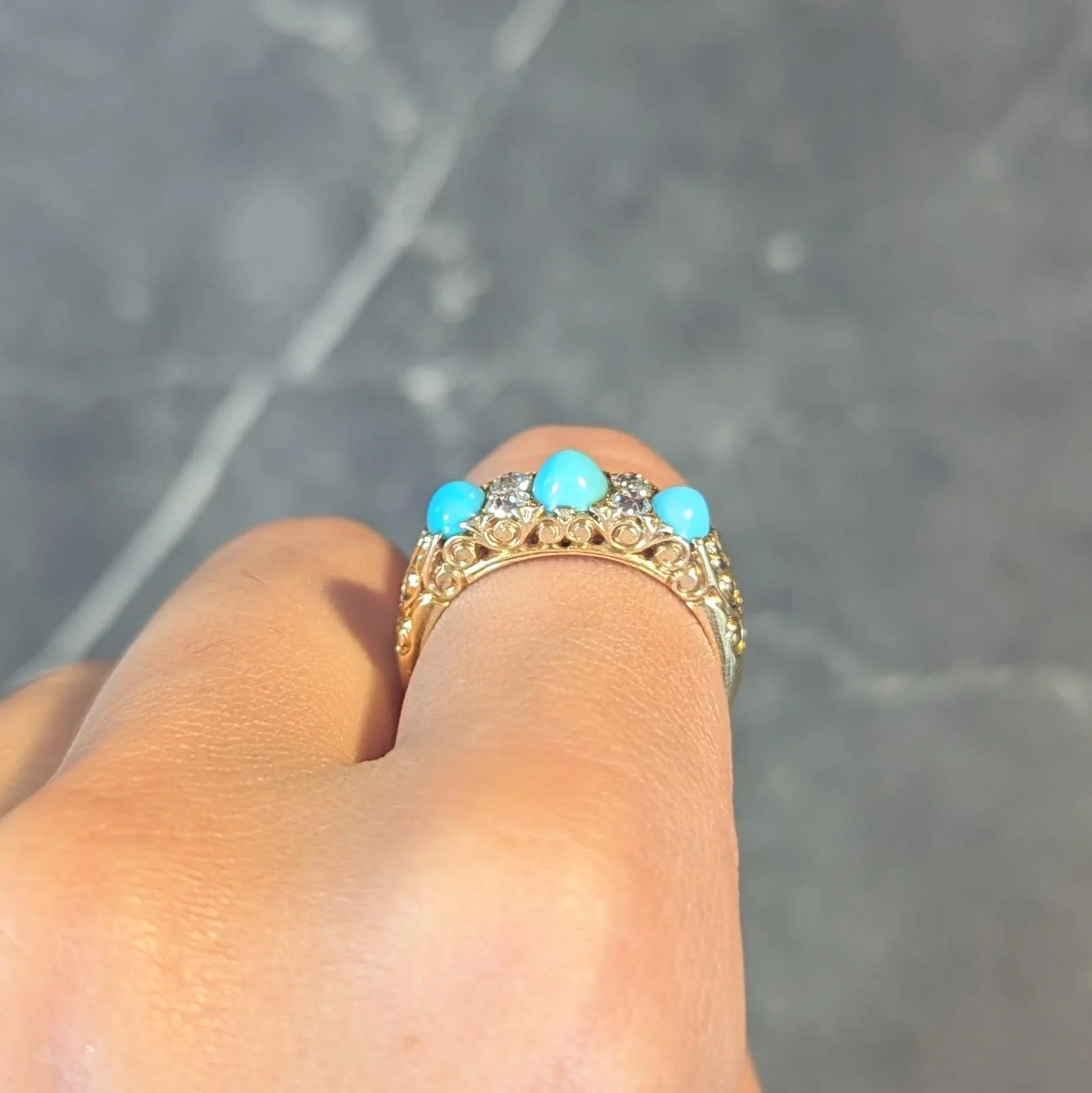 Victorian Diamond Turquoise 18 Karat Yellow Gold Scrolling Antique Band Ring - Image 14