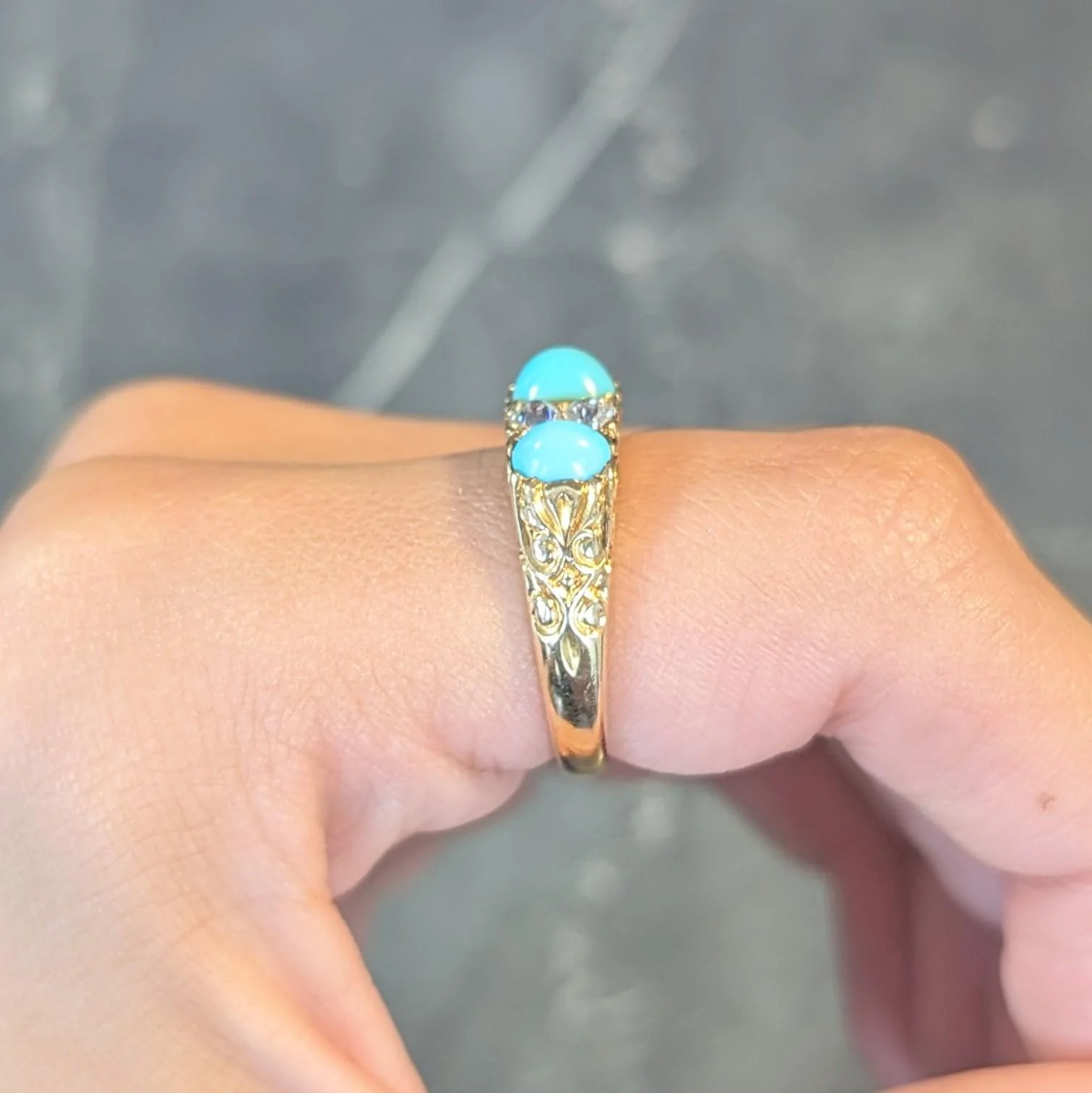 Victorian Diamond Turquoise 18 Karat Yellow Gold Scrolling Antique Band Ring - Image 15