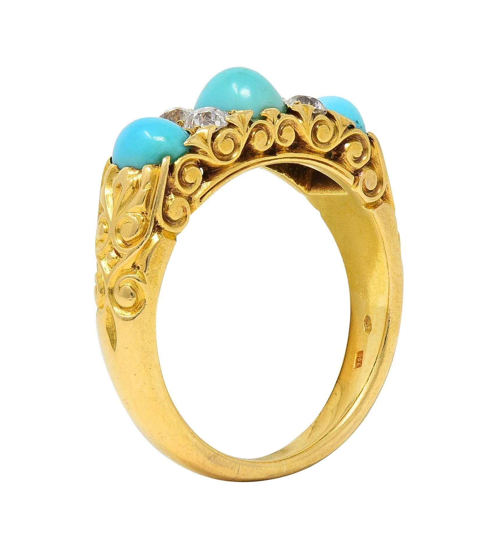 Victorian Diamond Turquoise 18 Karat Yellow Gold Scrolling Antique Band Ring - Image 2