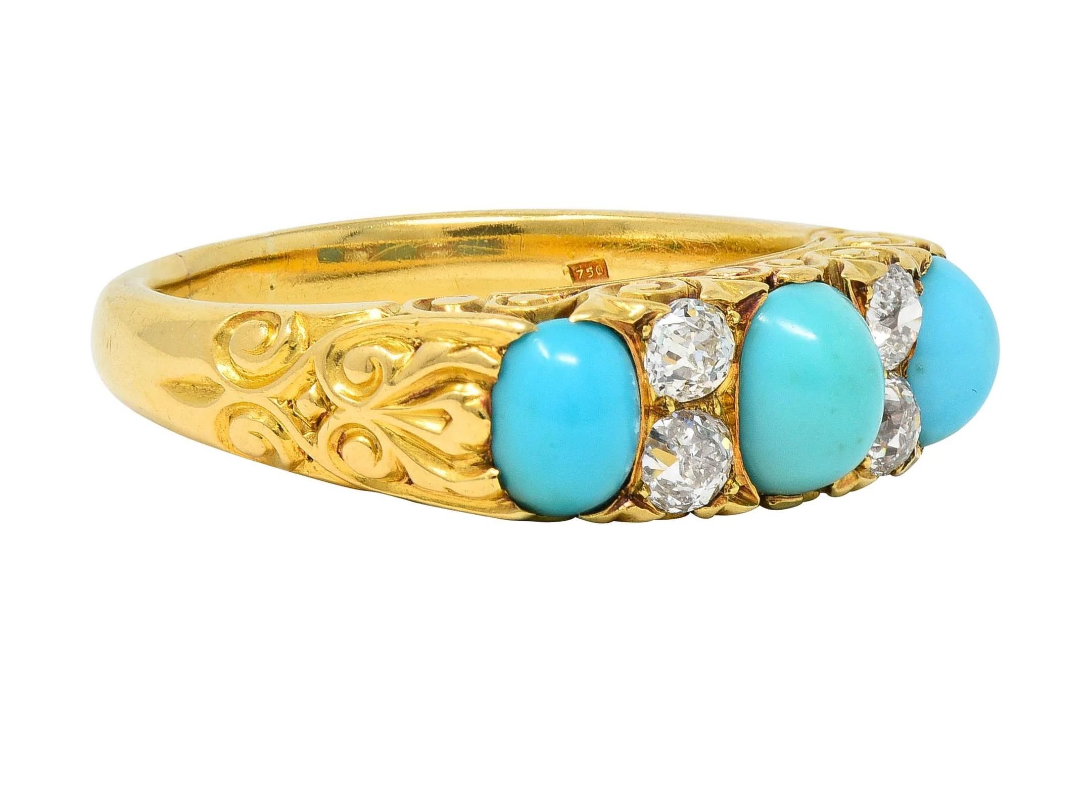 Victorian Diamond Turquoise 18 Karat Yellow Gold Scrolling Antique Band Ring - Image 3