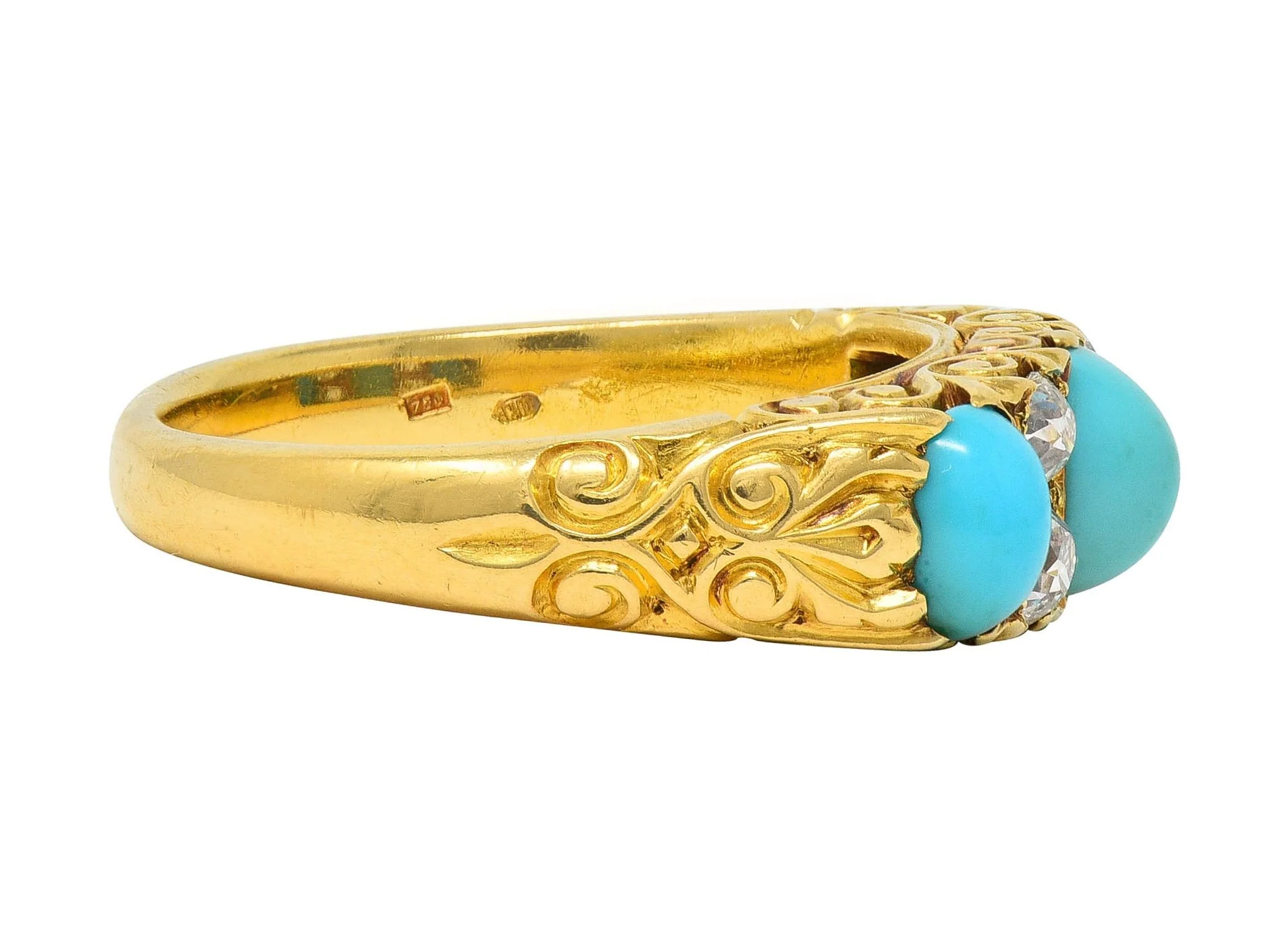 Victorian Diamond Turquoise 18 Karat Yellow Gold Scrolling Antique Band Ring - Image 4