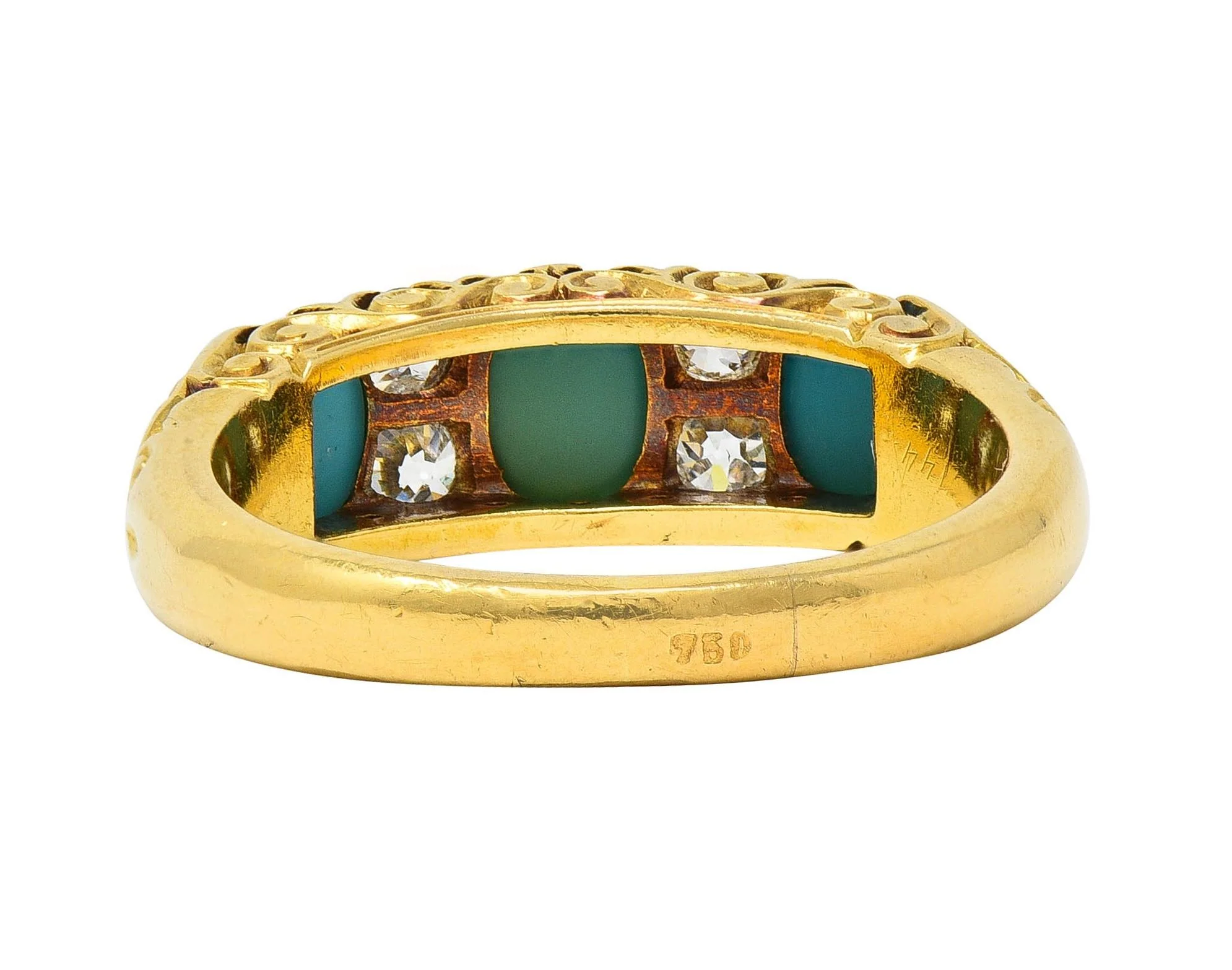Victorian Diamond Turquoise 18 Karat Yellow Gold Scrolling Antique Band Ring - Image 5