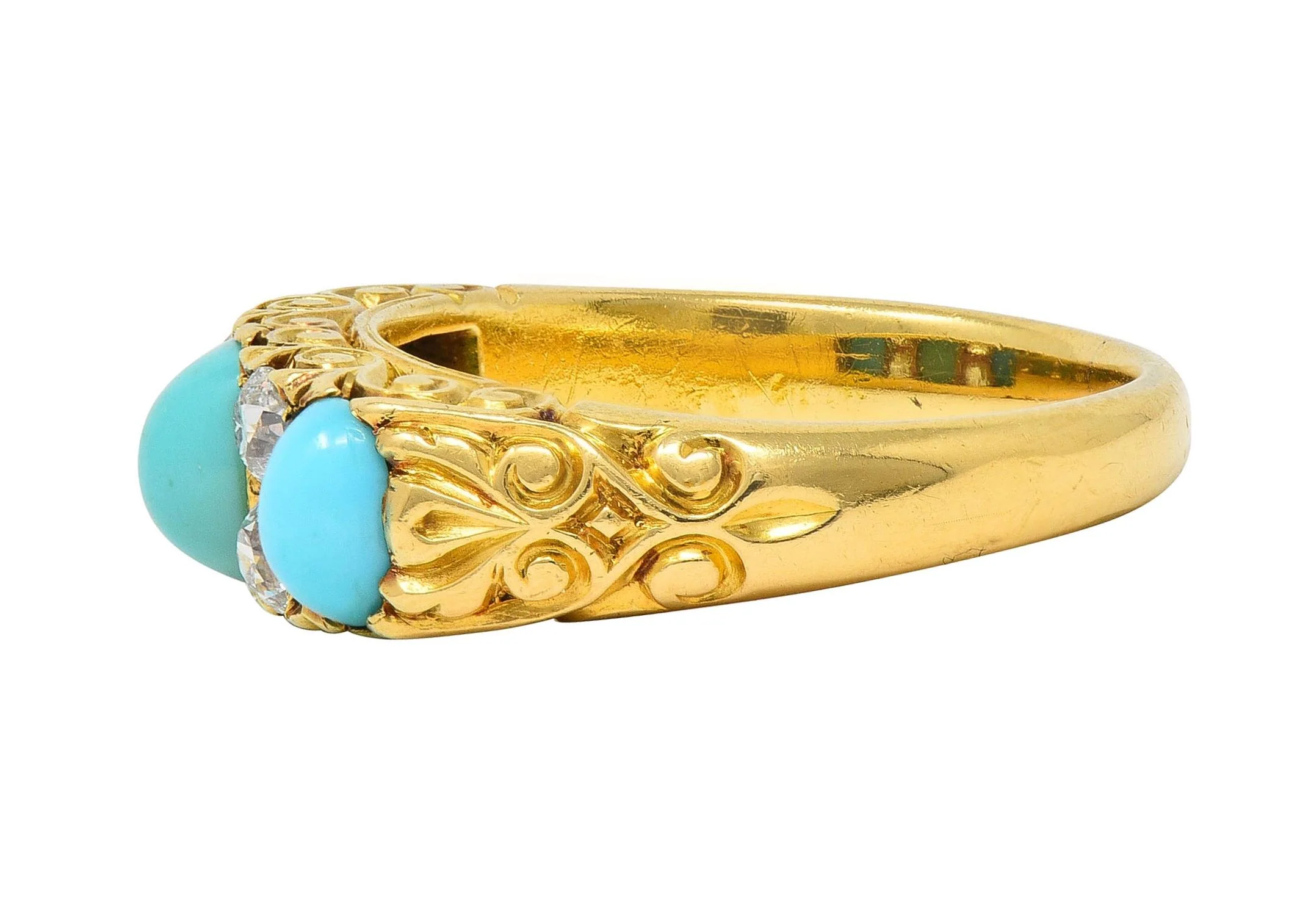 Victorian Diamond Turquoise 18 Karat Yellow Gold Scrolling Antique Band Ring - Image 6