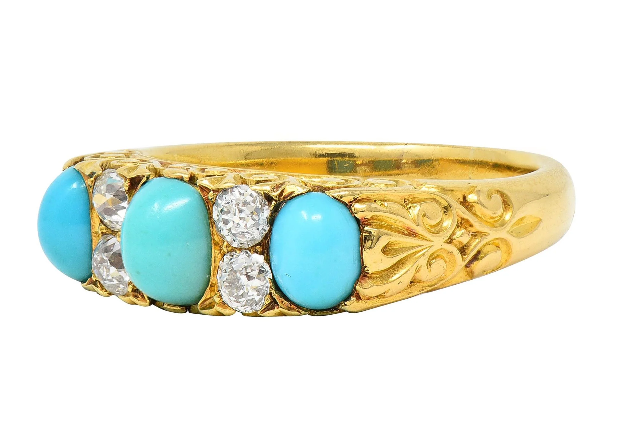 Victorian Diamond Turquoise 18 Karat Yellow Gold Scrolling Antique Band Ring - Image 7