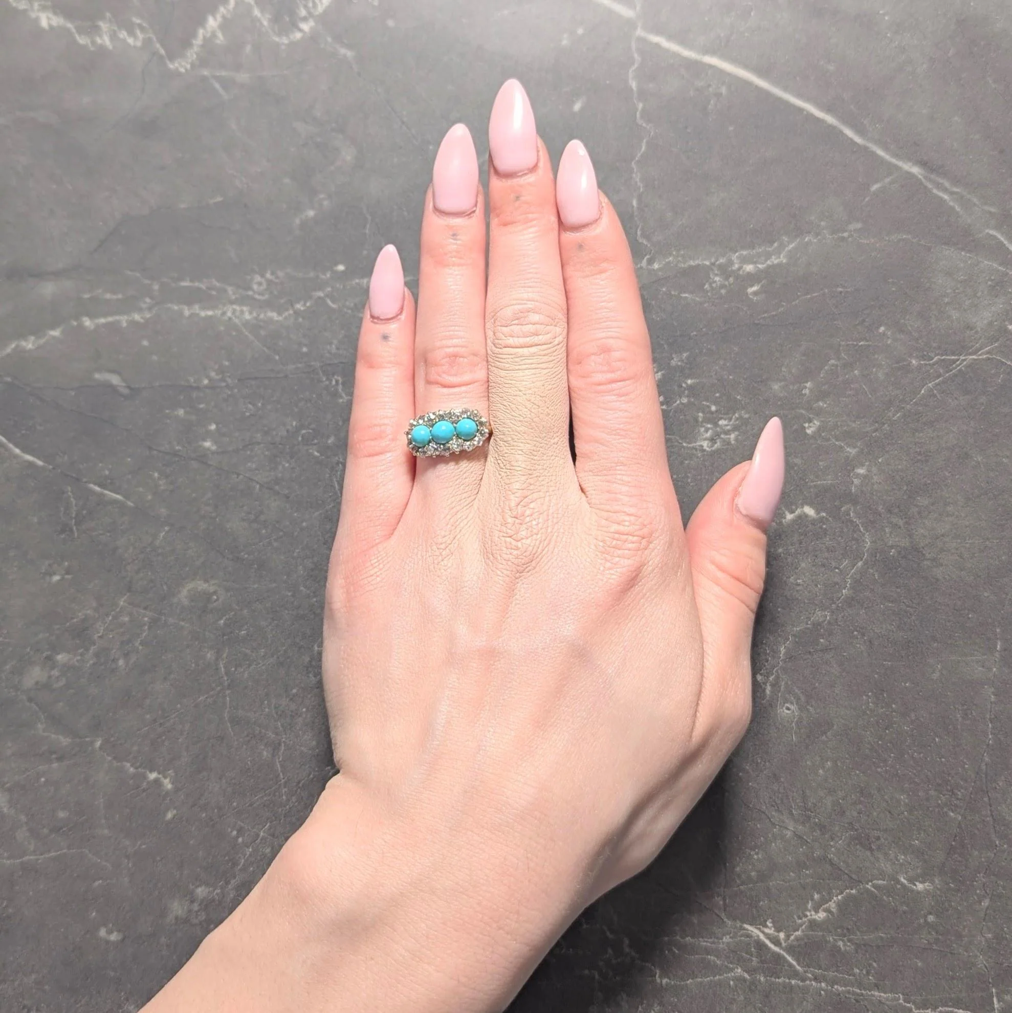 Victorian Diamond Turquoise Cabochon 14 Karat Yellow Gold Antique Cluster Band Ring - Image 2
