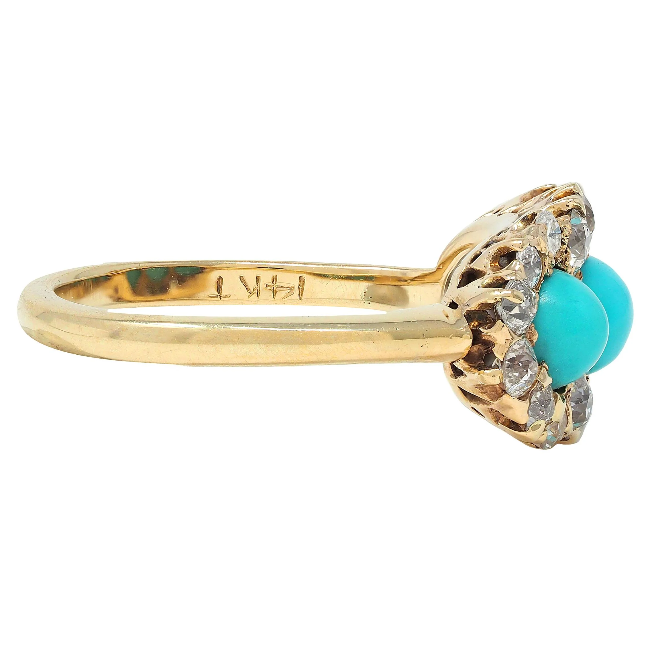 Victorian Diamond Turquoise Cabochon 14 Karat Yellow Gold Antique Cluster Band Ring - Image 3