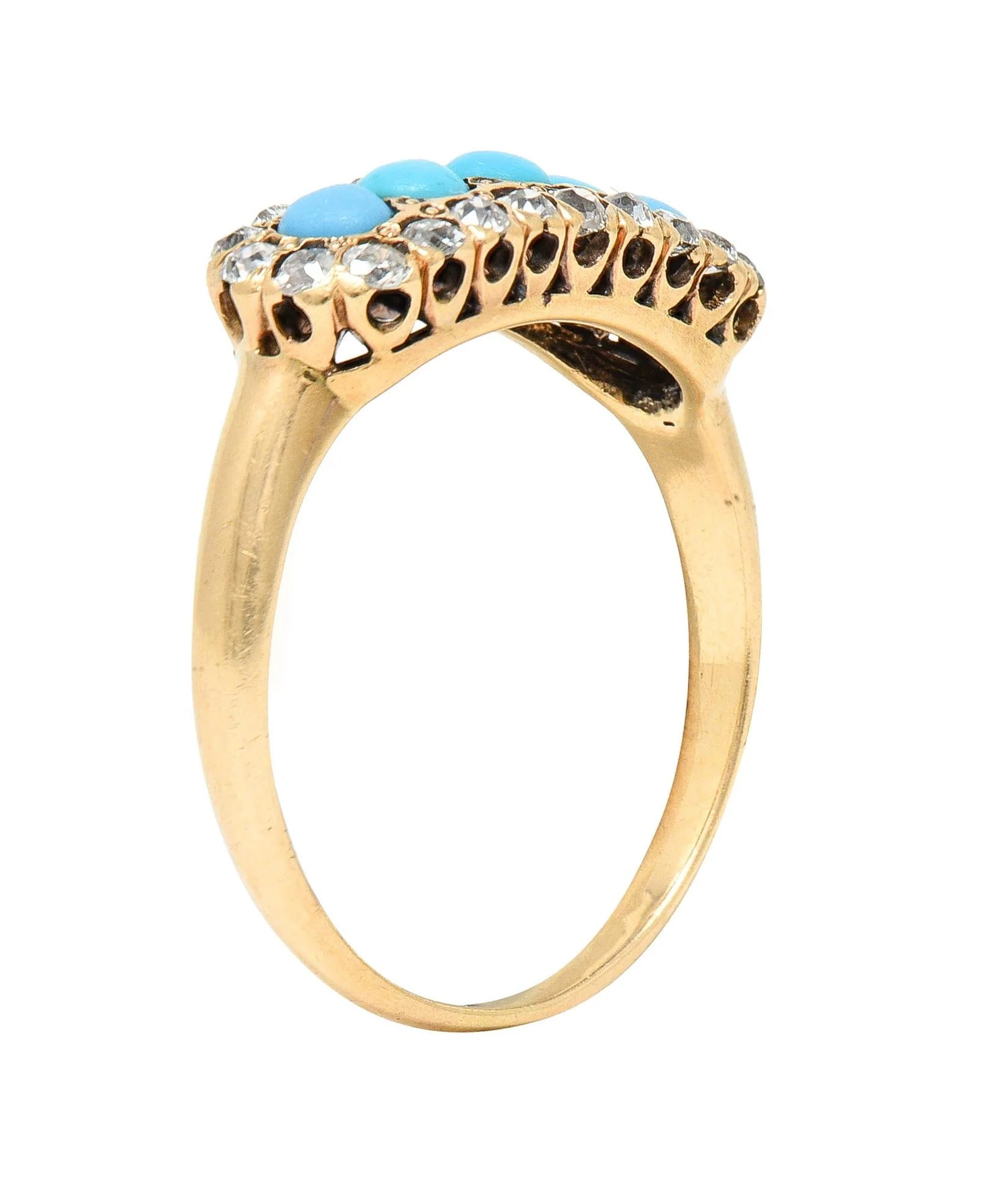 Victorian Diamond Turquoise Cabochon 14 Karat Yellow Gold Antique Cluster Ring - Image 9