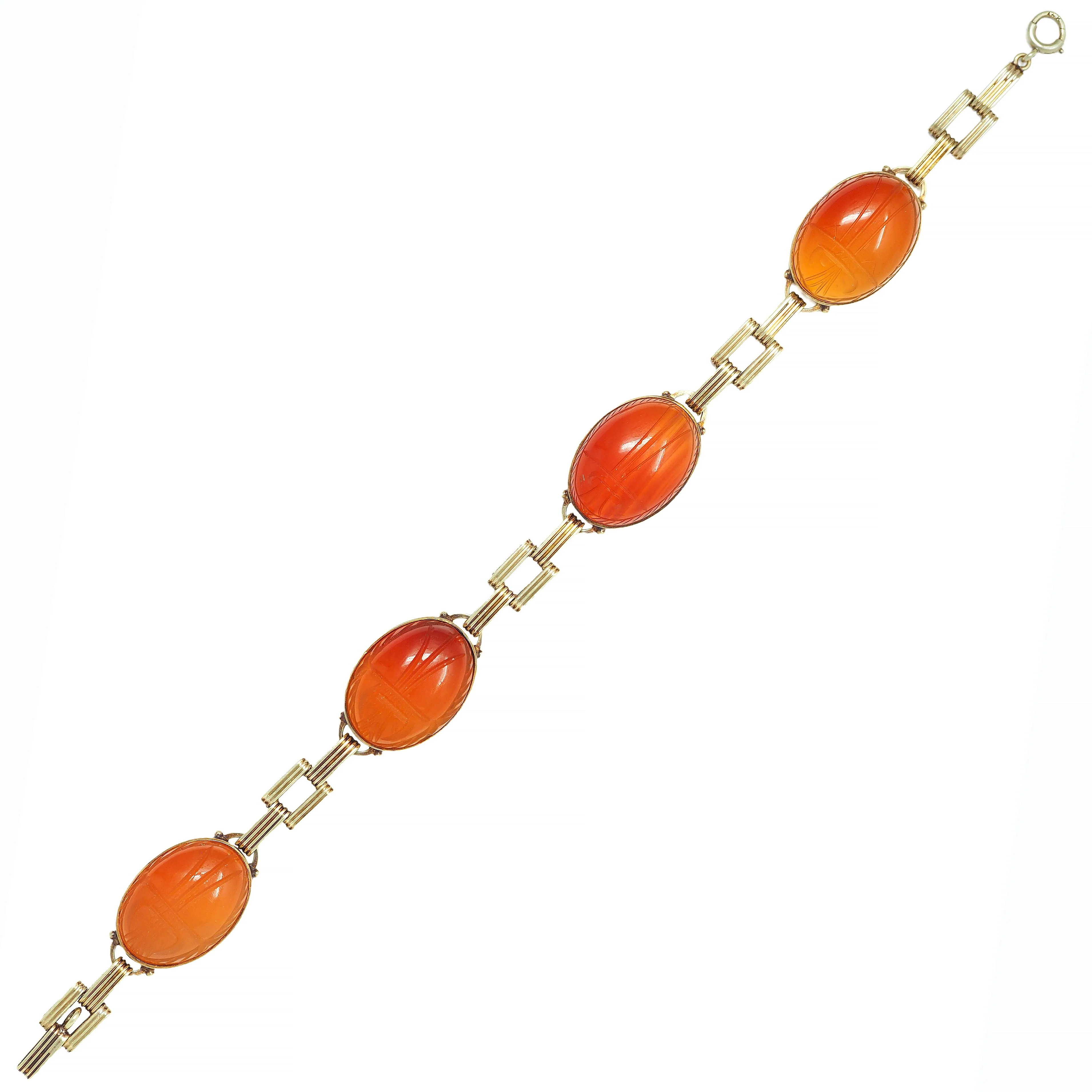 Victorian Egyptian Revival Carnelian 14 Karat Yellow Gold Antique Scarab Link Bracelet - Image 2